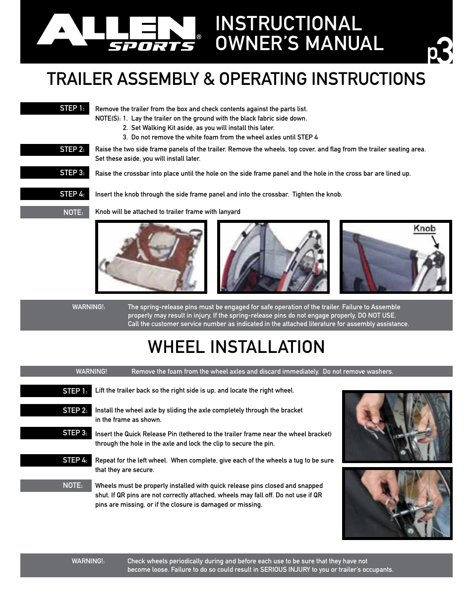 Instructional owner’s manual, Trailer assembly & operating instructions, Wheel installation | Allen Sports AST200 User Manual | Page 3 / 8