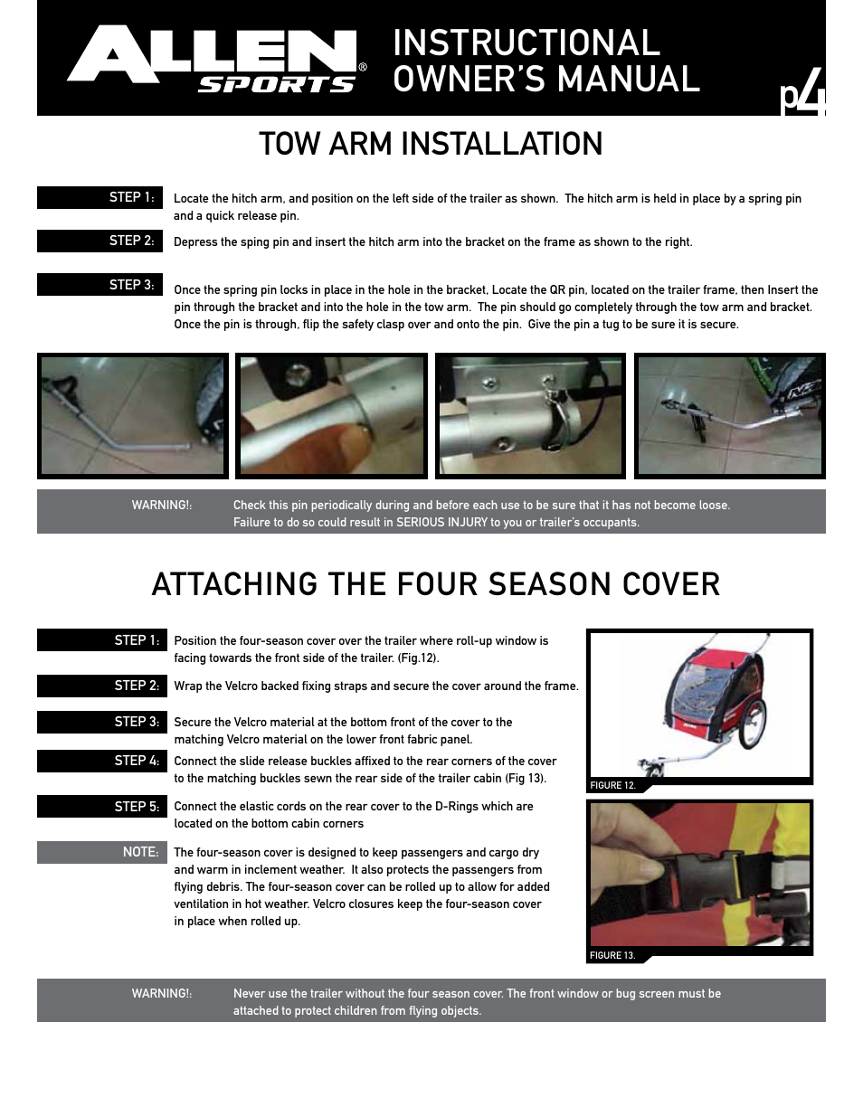 Instructional owner’s manual, Tow arm installation, Attaching the four season cover | Allen Sports AST200 User Manual | Page 4 / 8