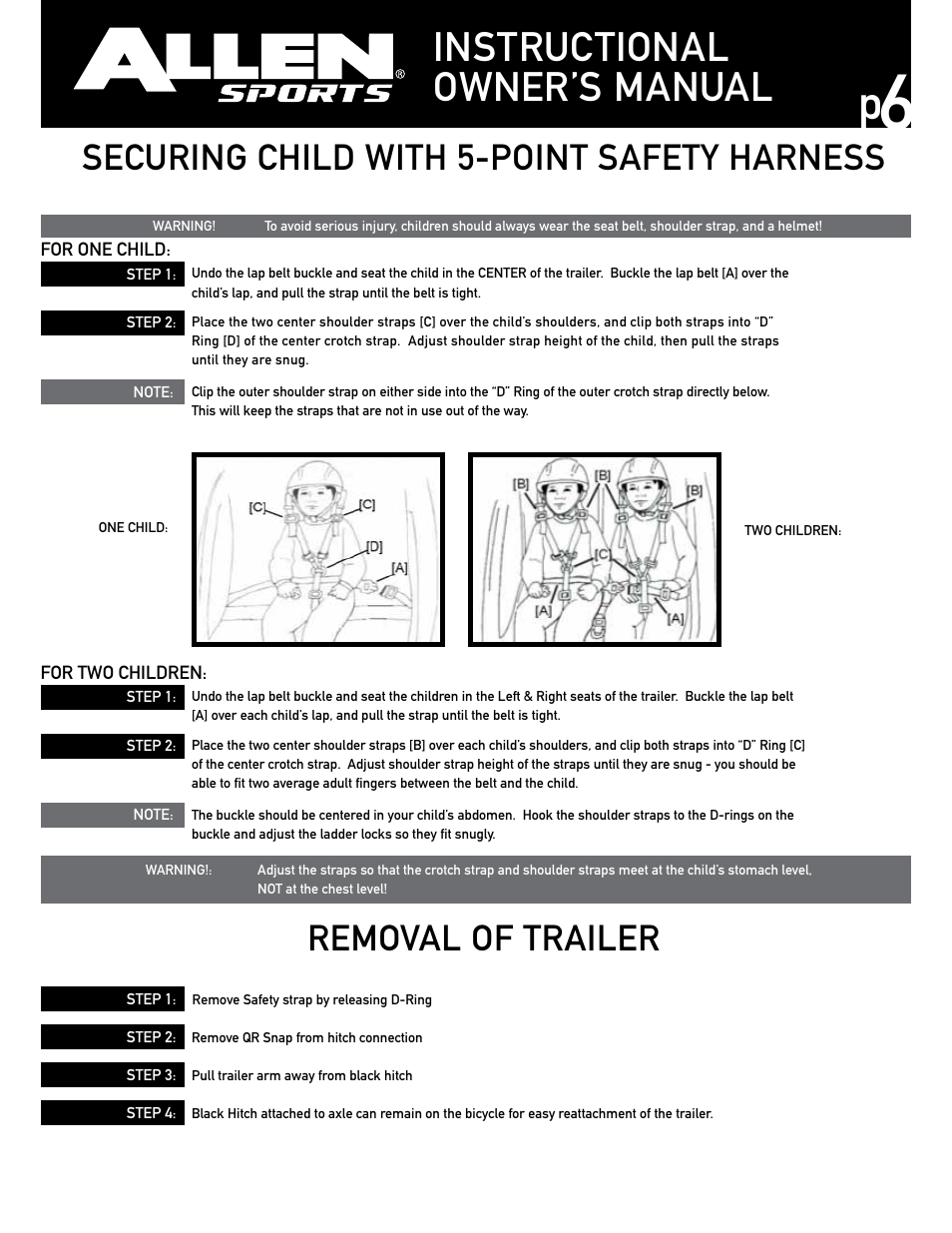 Instructional owner’s manual, Securing child with 5-point safety harness, Removal of trailer | Allen Sports AST200 User Manual | Page 6 / 8