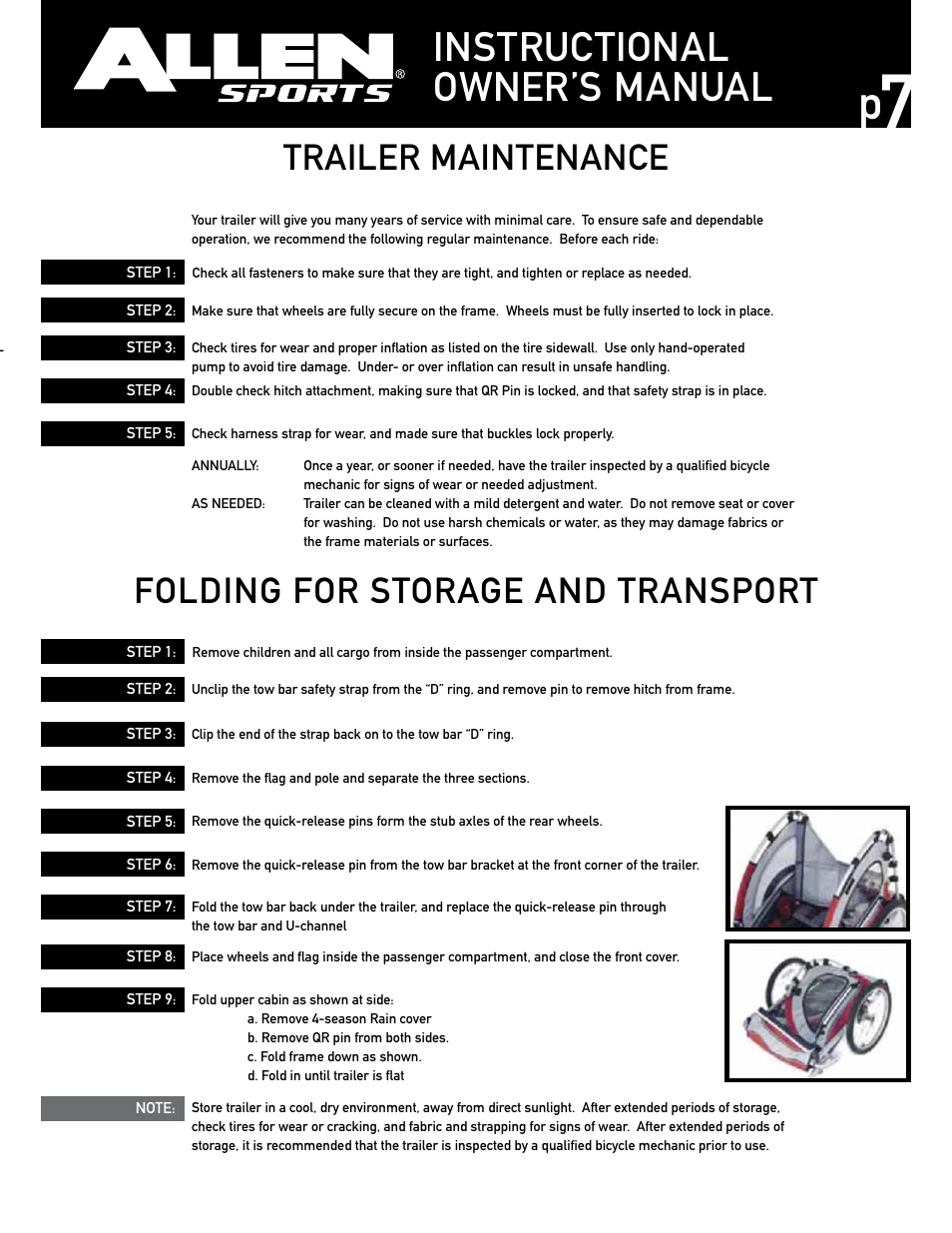 Instructional owner’s manual, Trailer maintenance, Folding for storage and transport | Allen Sports AST200 User Manual | Page 7 / 8