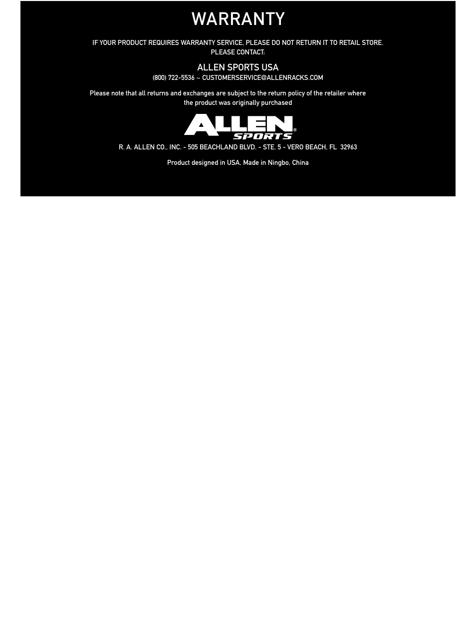 Warranty | Allen Sports AST200 User Manual | Page 8 / 8