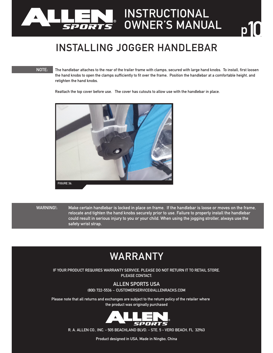 Instructional owner’s manual, Installing jogger handlebar, Warranty | Allen Sports SST1 User Manual | Page 10 / 10