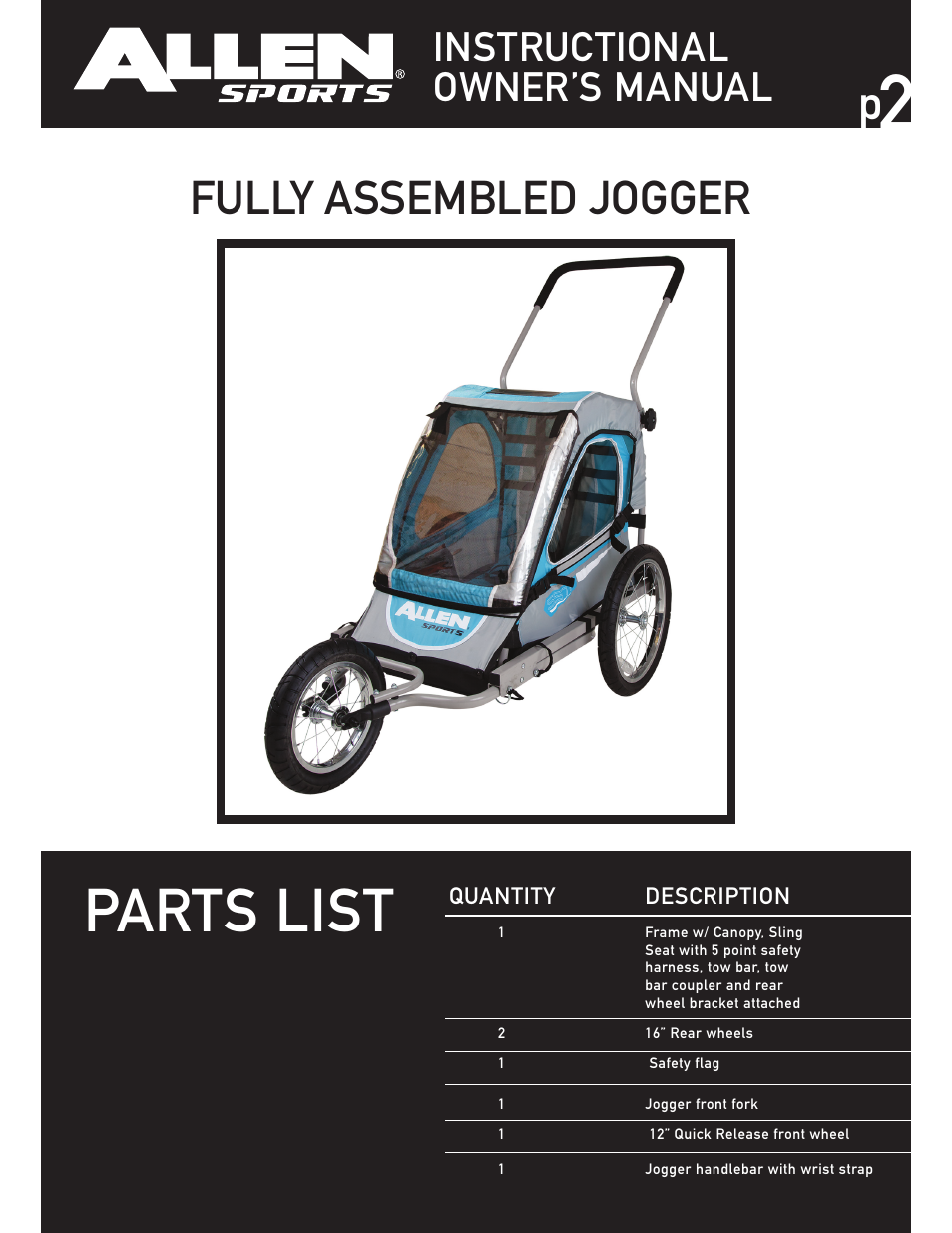 Parts list, Fully assembled jogger, Instructional owner’s manual | Allen Sports SST1 User Manual | Page 2 / 10