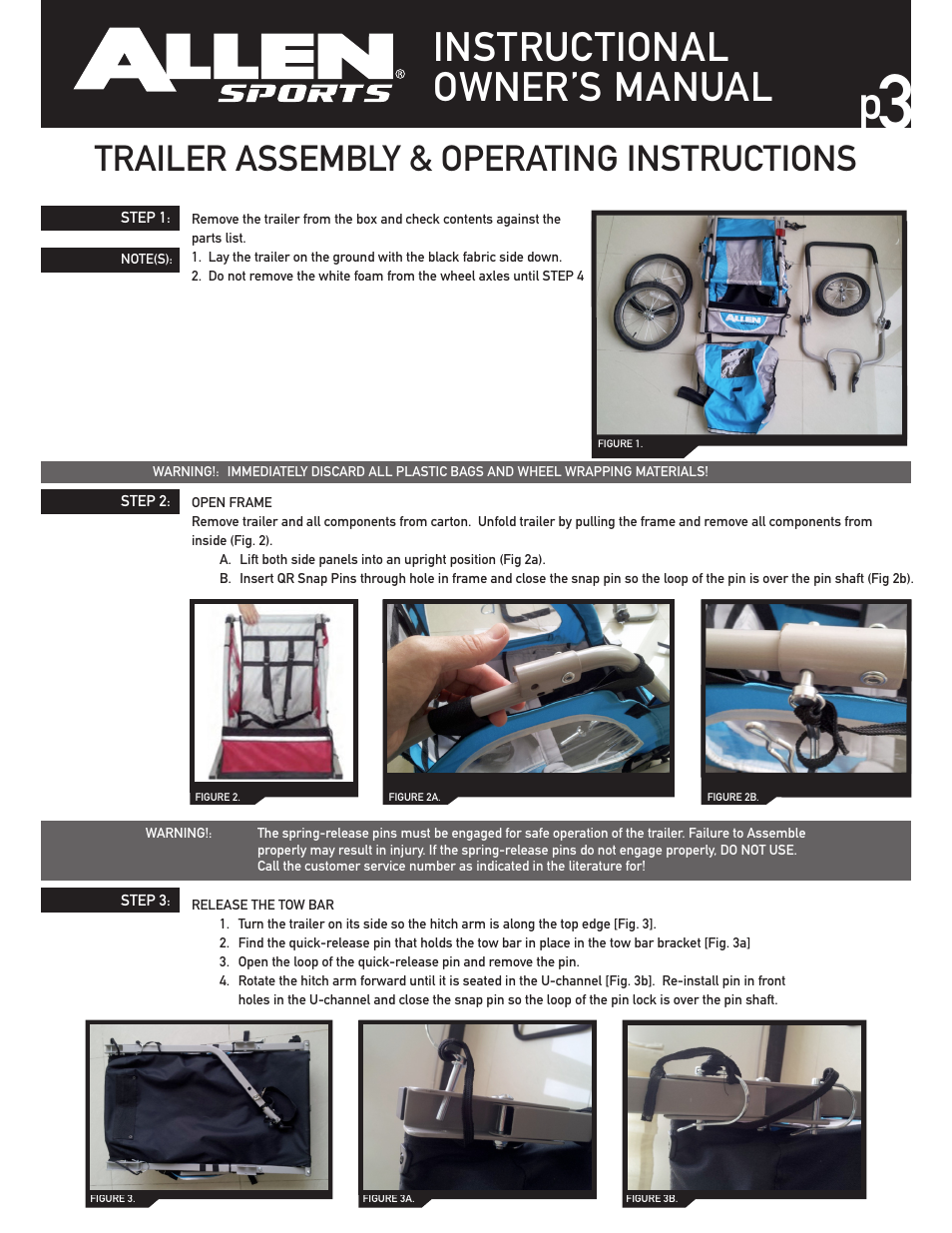 Instructional owner’s manual, Trailer assembly & operating instructions | Allen Sports SST1 User Manual | Page 3 / 10