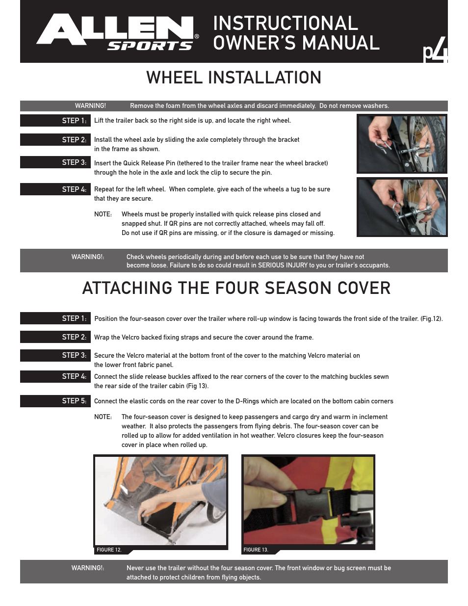 Instructional owner’s manual, Wheel installation attaching the four season cover | Allen Sports SST1 User Manual | Page 4 / 10