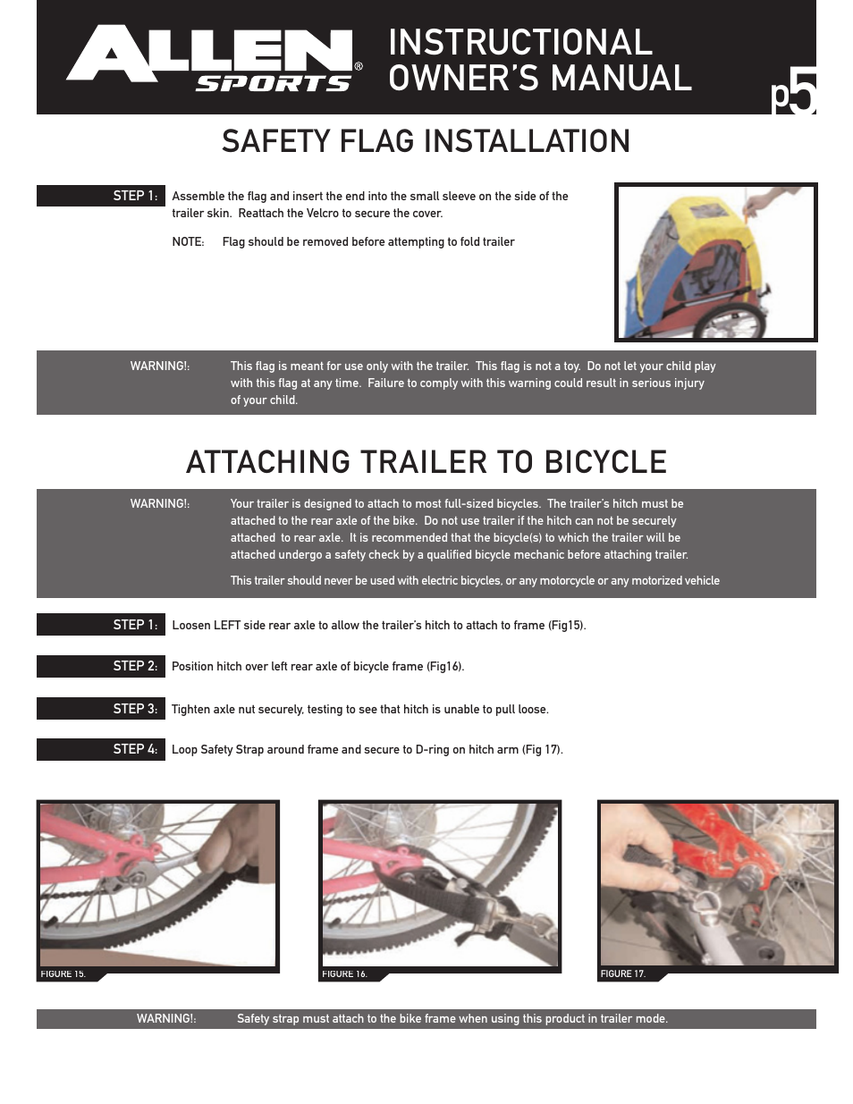 Instructional owner’s manual, Safety flag installation, Attaching trailer to bicycle | Allen Sports SST1 User Manual | Page 5 / 10