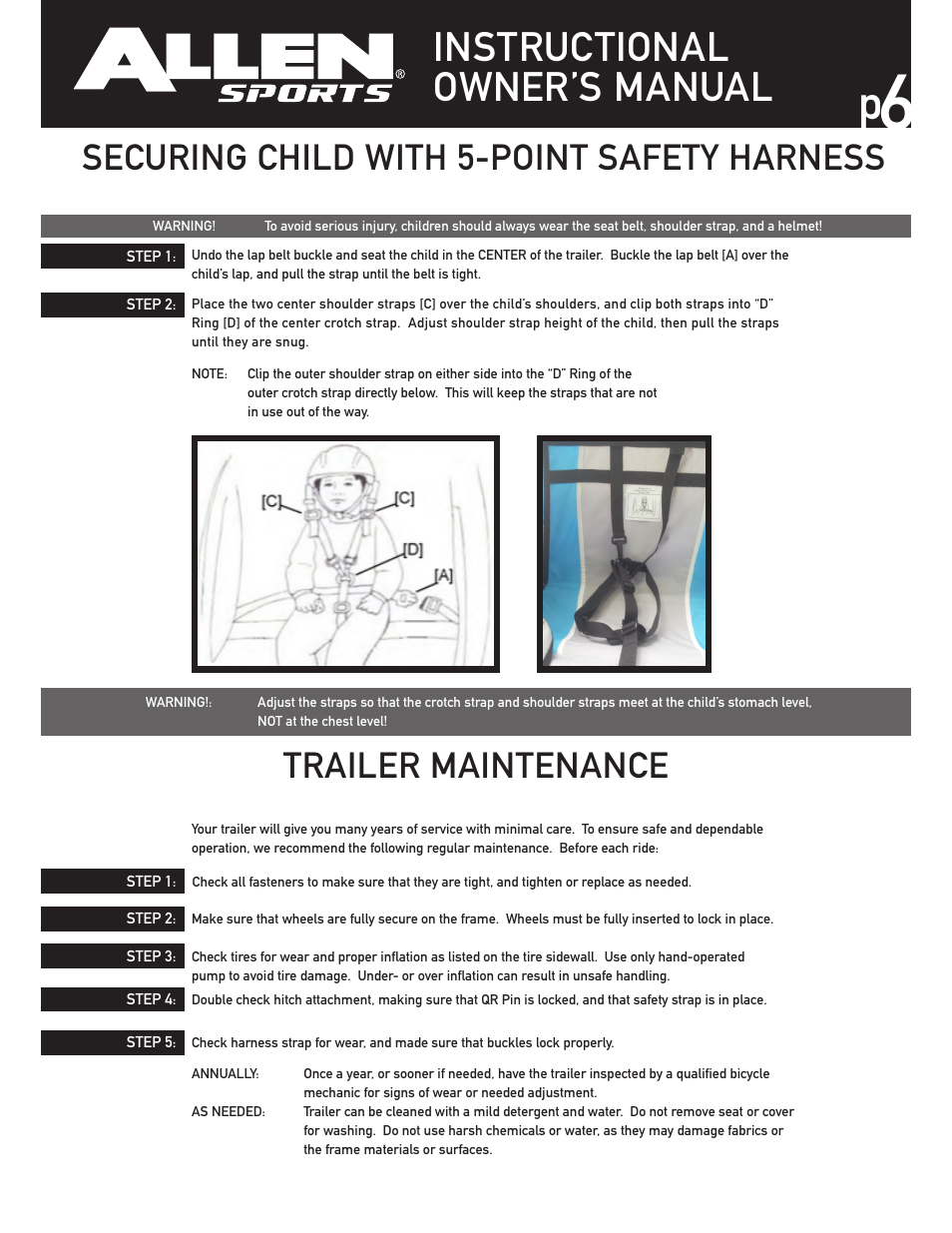 Instructional owner’s manual, Securing child with 5-point safety harness, Trailer maintenance | Allen Sports SST1 User Manual | Page 6 / 10