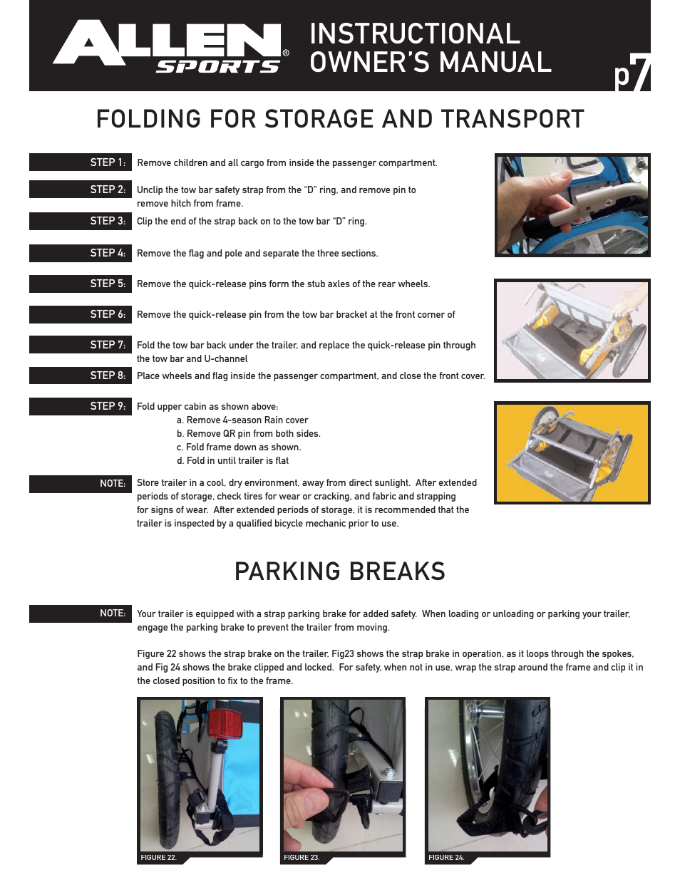 Instructional owner’s manual, Folding for storage and transport parking breaks | Allen Sports SST1 User Manual | Page 7 / 10