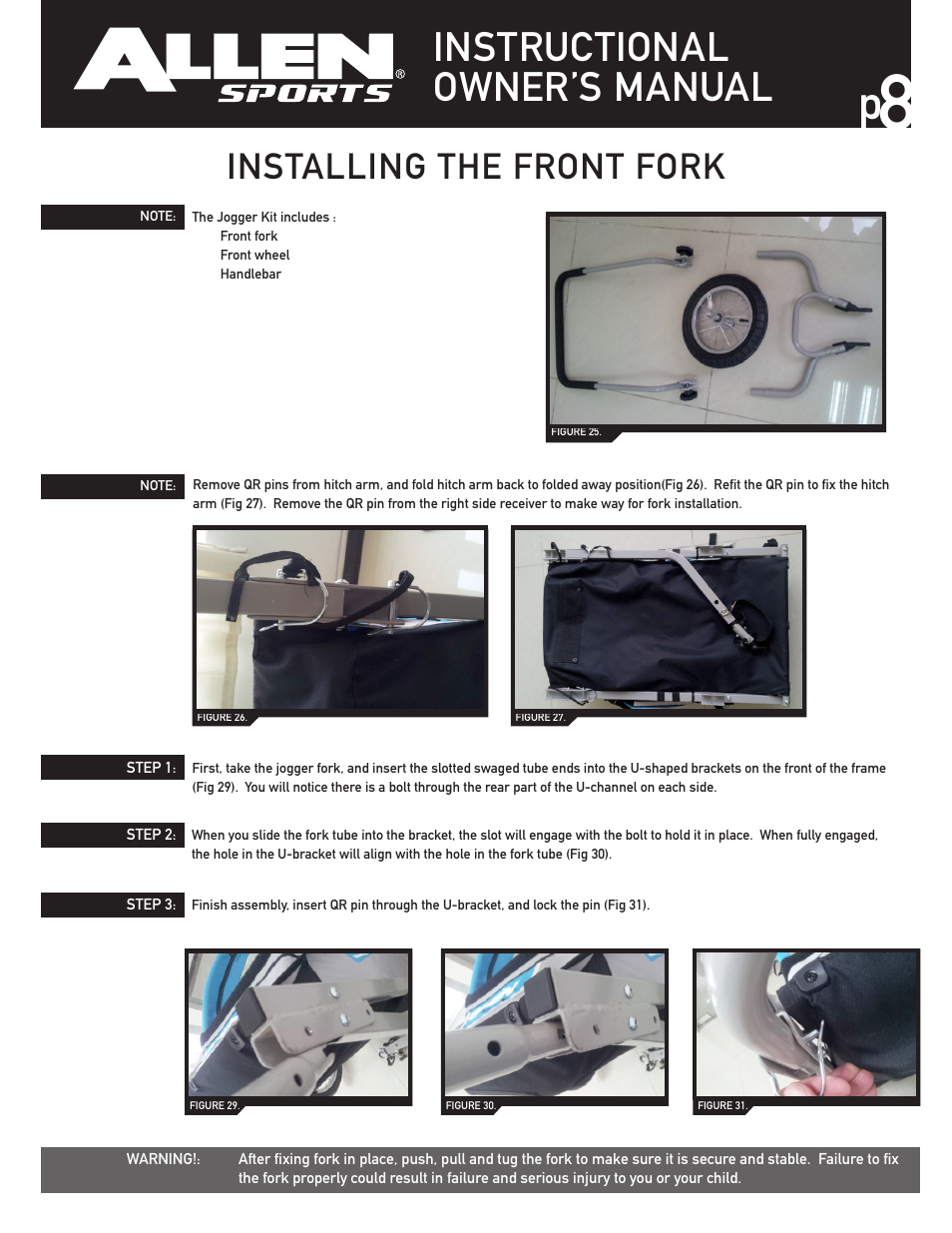 Instructional owner’s manual, Installing the front fork | Allen Sports SST1 User Manual | Page 8 / 10