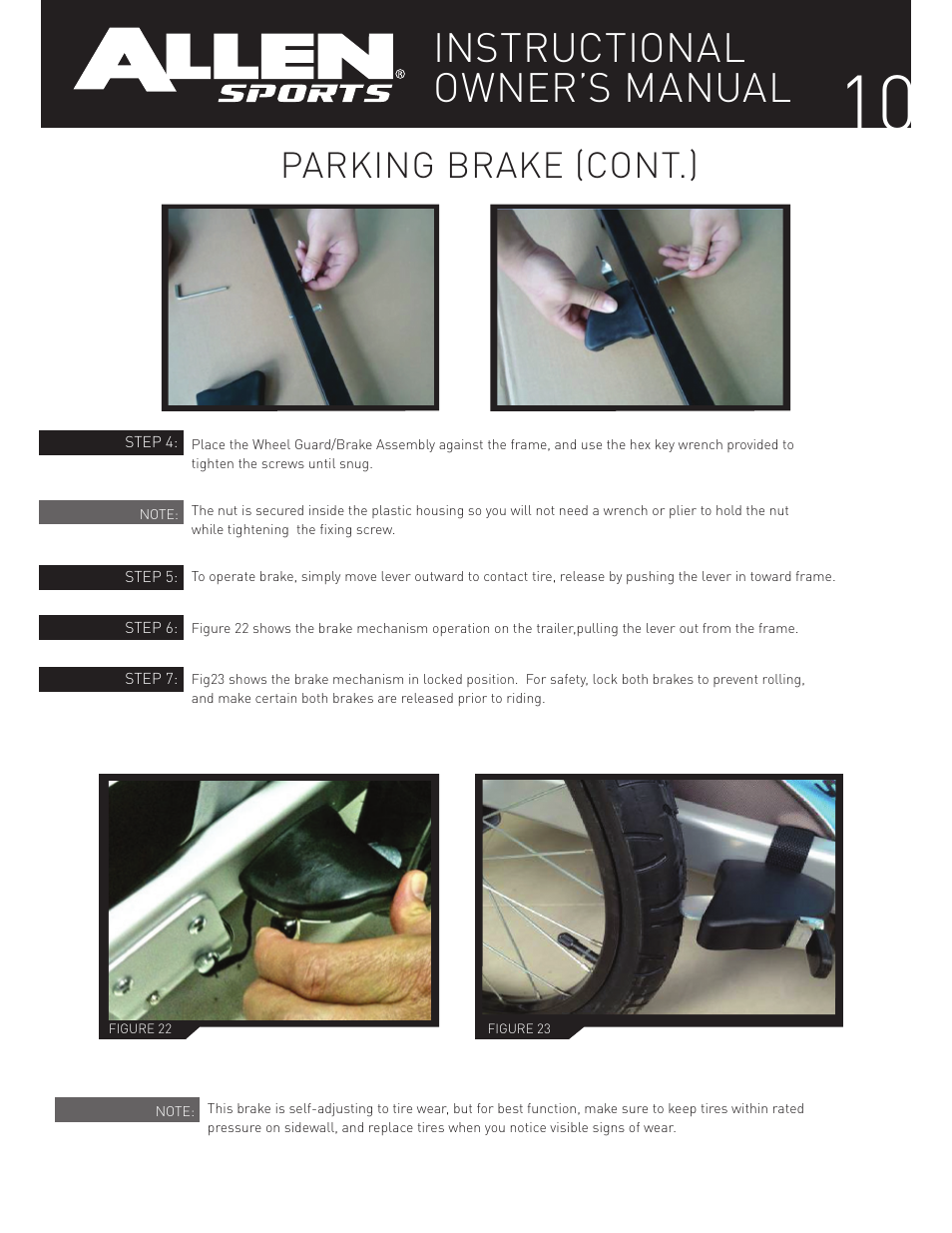 Instructional owner’s manual, Parking brake (cont.) | Allen Sports XLT-X2 User Manual | Page 10 / 13