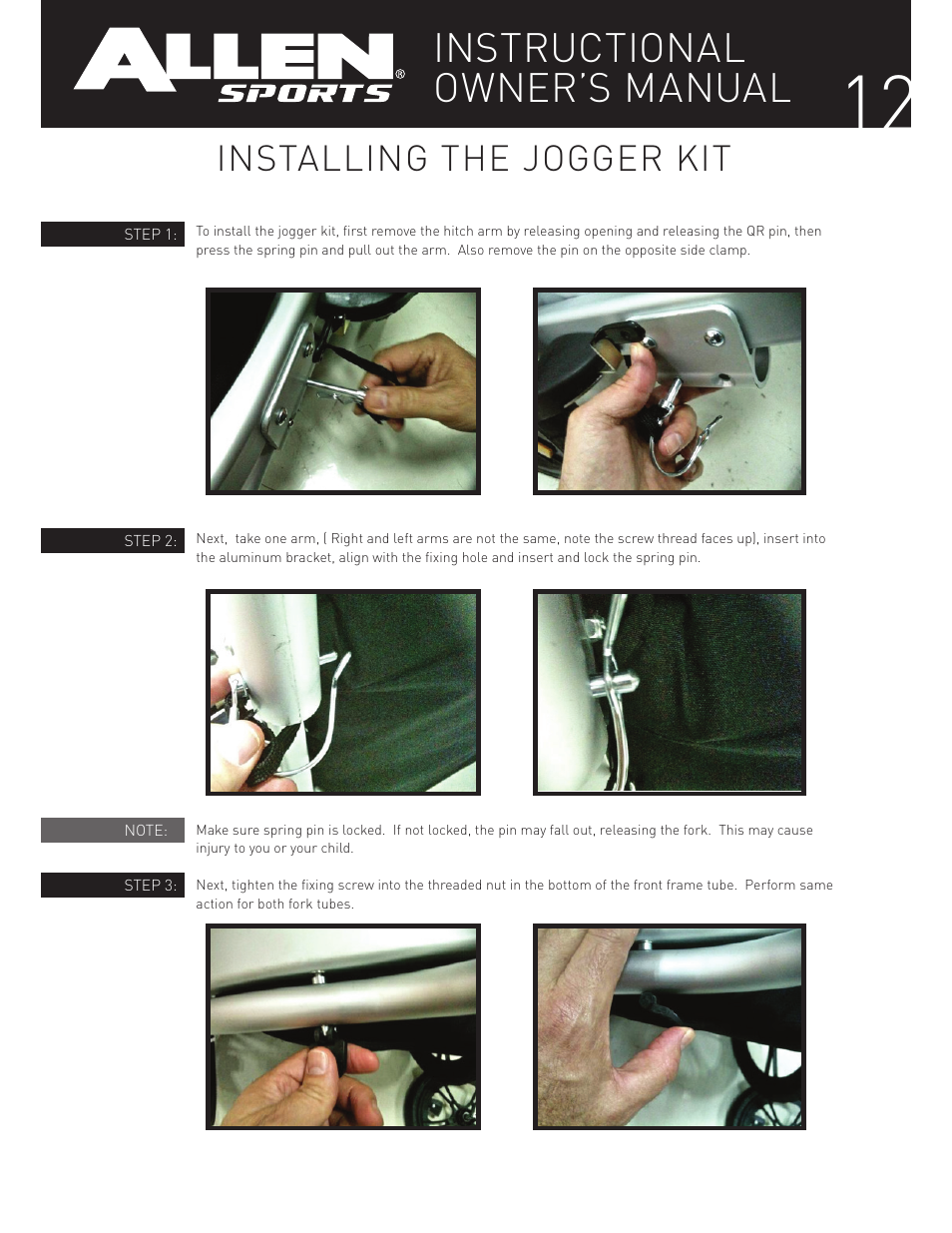 Instructional owner’s manual, Installing the jogger kit | Allen Sports XLT-X2 User Manual | Page 12 / 13