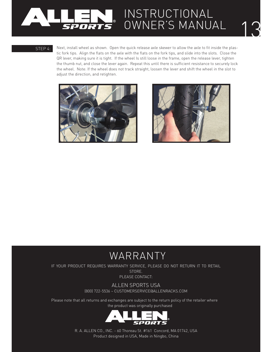 Instructional owner’s manual, Warranty | Allen Sports XLT-X2 User Manual | Page 13 / 13