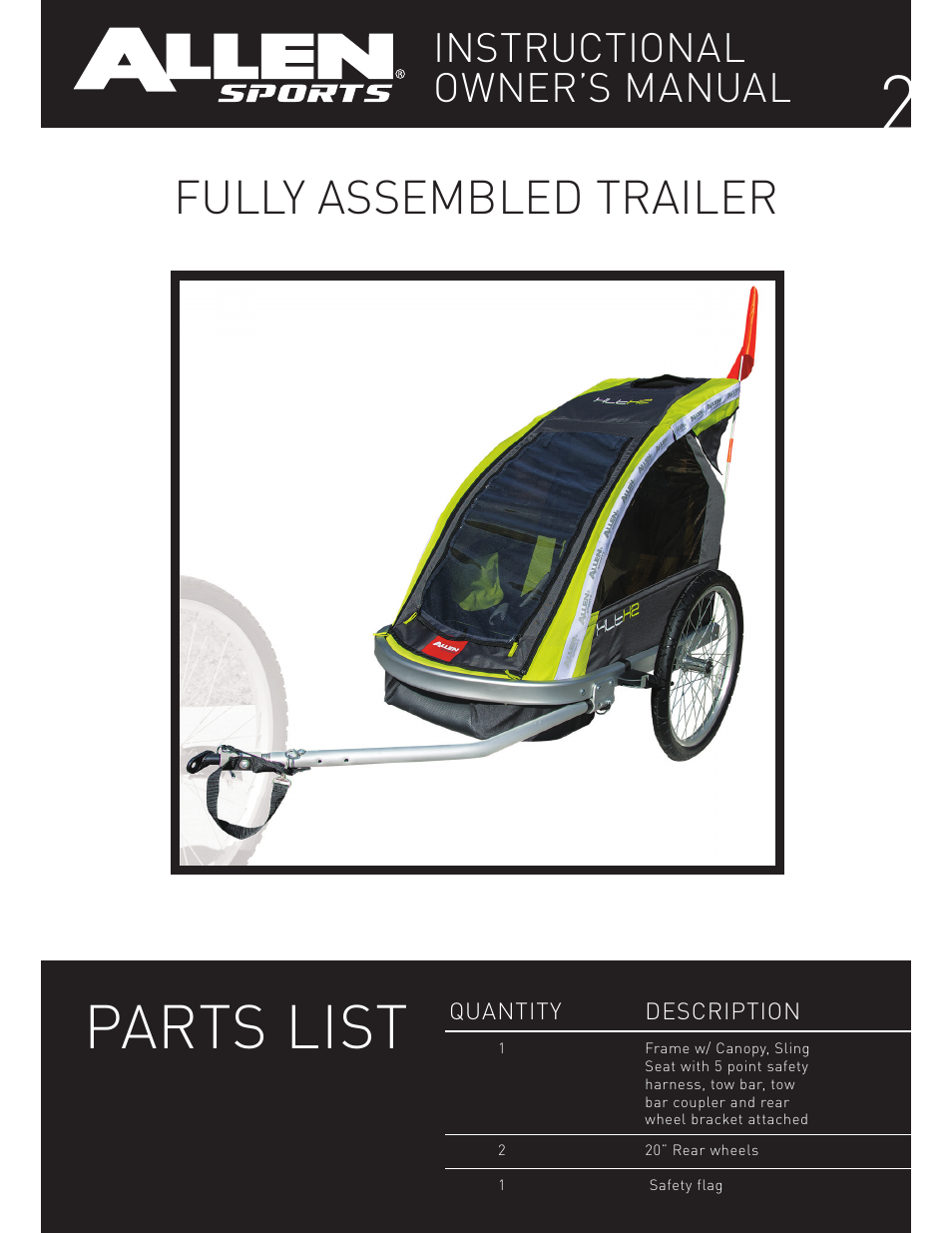 Parts list, Fully assembled trailer, Instructional owner’s manual | Allen Sports XLT-X2 User Manual | Page 2 / 13