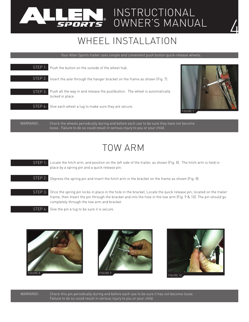 Instructional owner’s manual, Tow arm, Wheel installation | Allen Sports XLT-X2 User Manual | Page 4 / 13