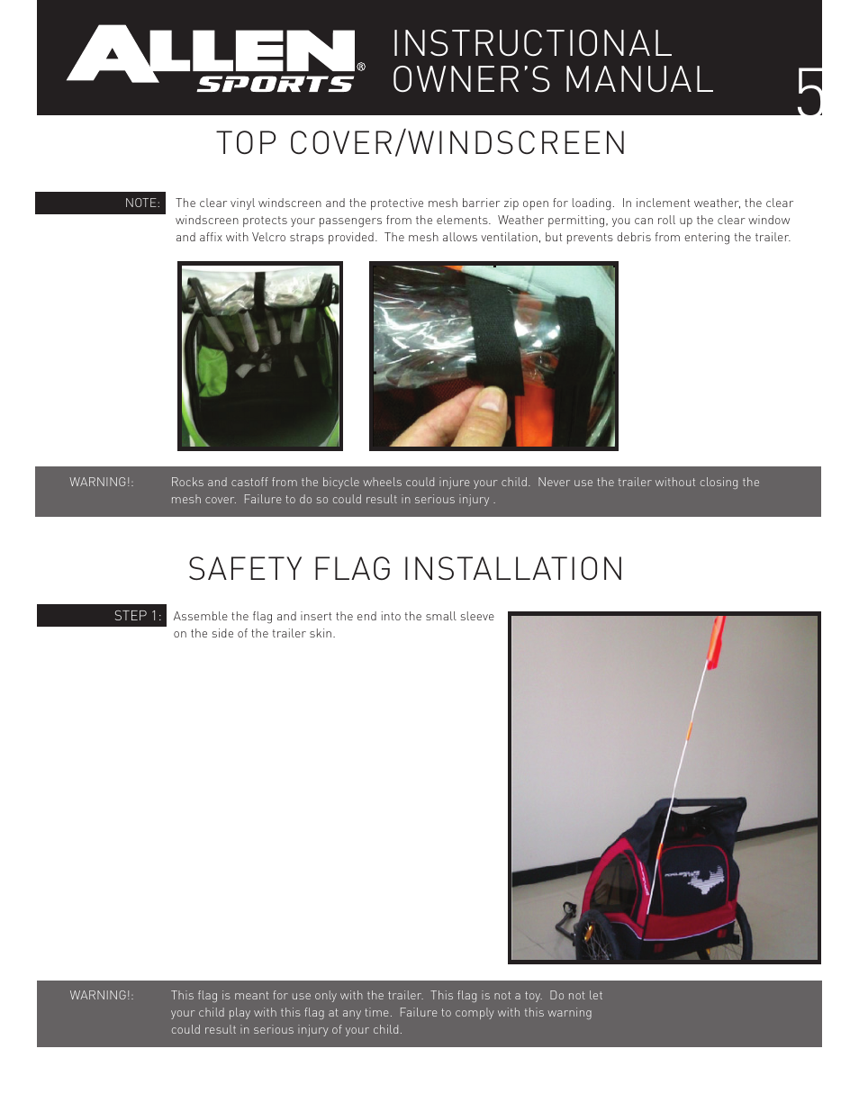 Instructional owner’s manual, Safety flag installation, Top cover/windscreen | Allen Sports XLT-X2 User Manual | Page 5 / 13