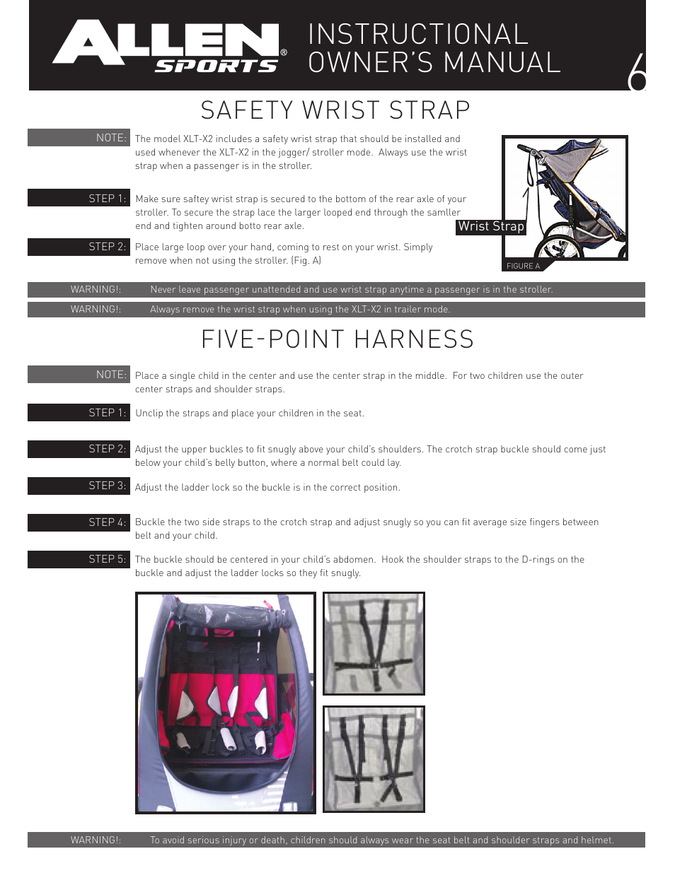 Instructional owner’s manual, Five-point harness safety wrist strap | Allen Sports XLT-X2 User Manual | Page 6 / 13