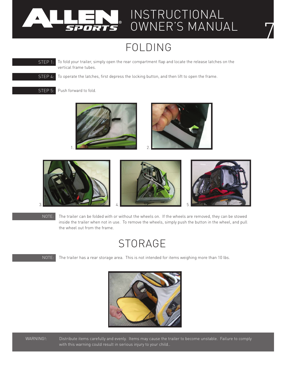 Instructional owner’s manual, Folding storage | Allen Sports XLT-X2 User Manual | Page 7 / 13