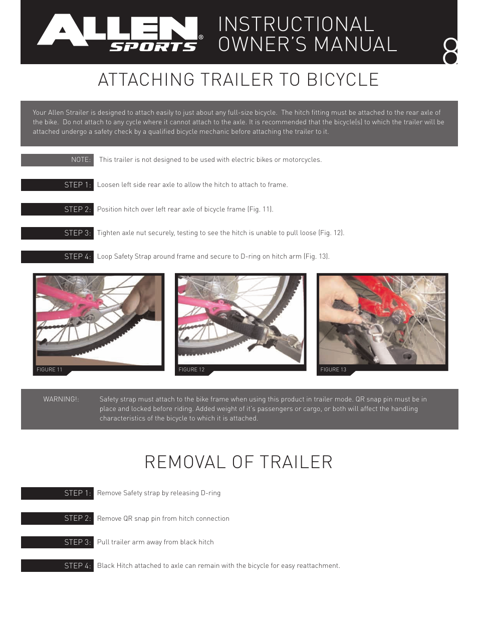 Instructional owner’s manual, Attaching trailer to bicycle removal of trailer | Allen Sports XLT-X2 User Manual | Page 8 / 13