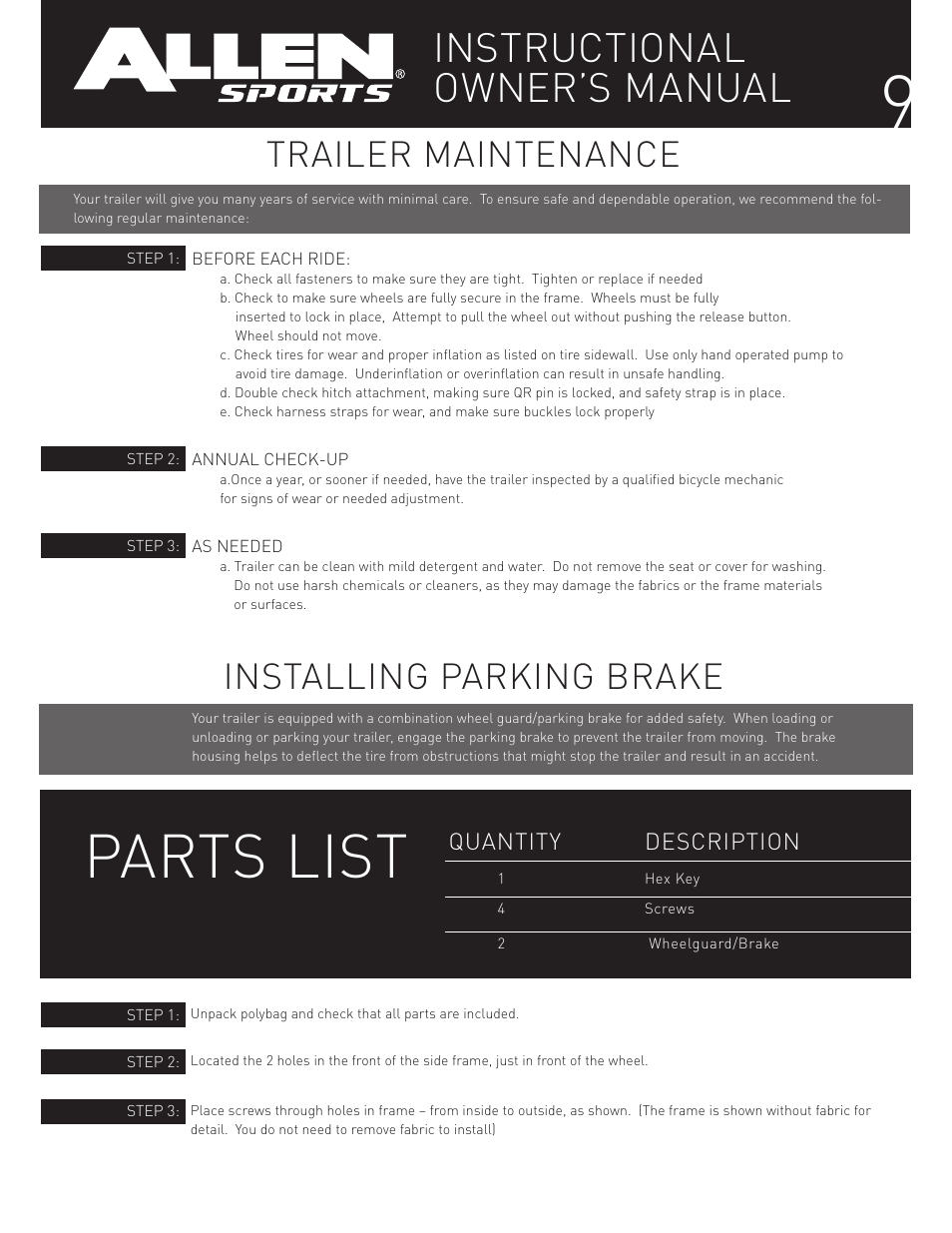 Parts list, Instructional owner’s manual, Trailer maintenance installing parking brake | Quantity description | Allen Sports XLT-X2 User Manual | Page 9 / 13