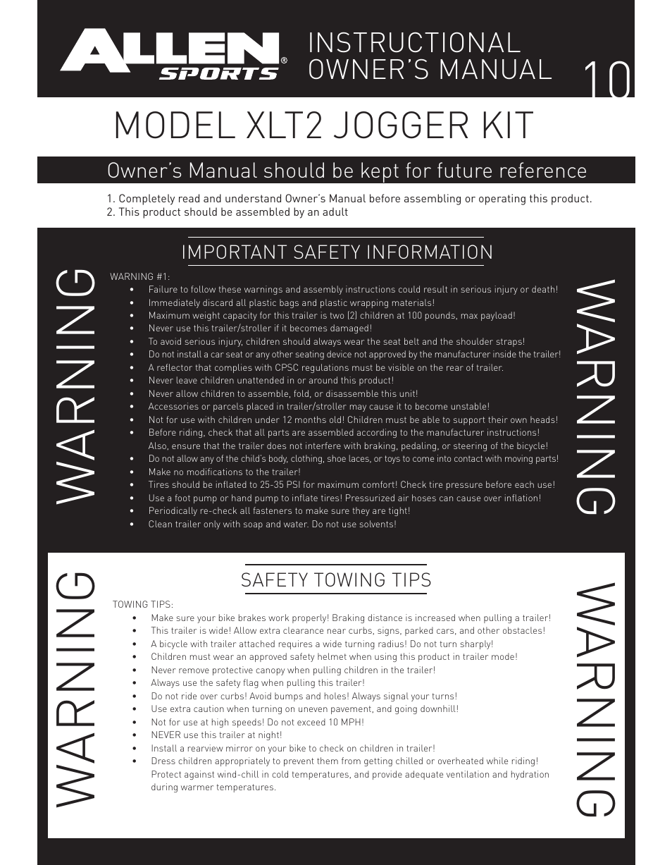 Warning w arning w arning w arning, Model xlt2 jogger kit, Instructional owner’s manual | Owner’s manual should be kept for future reference, Important safety information, Safety towing tips | Allen Sports XLT2 User Manual | Page 10 / 14