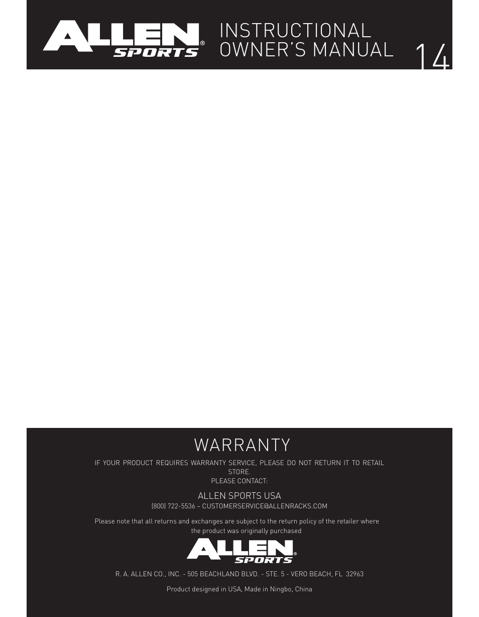 Instructional owner’s manual, Warranty | Allen Sports XLT2 User Manual | Page 14 / 14