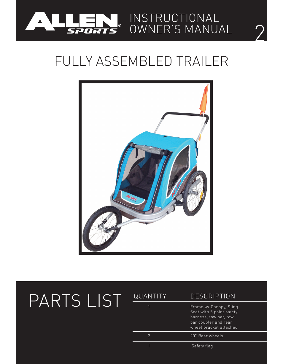 Parts list, Fully assembled trailer, Instructional owner’s manual | Allen Sports XLT2 User Manual | Page 2 / 14