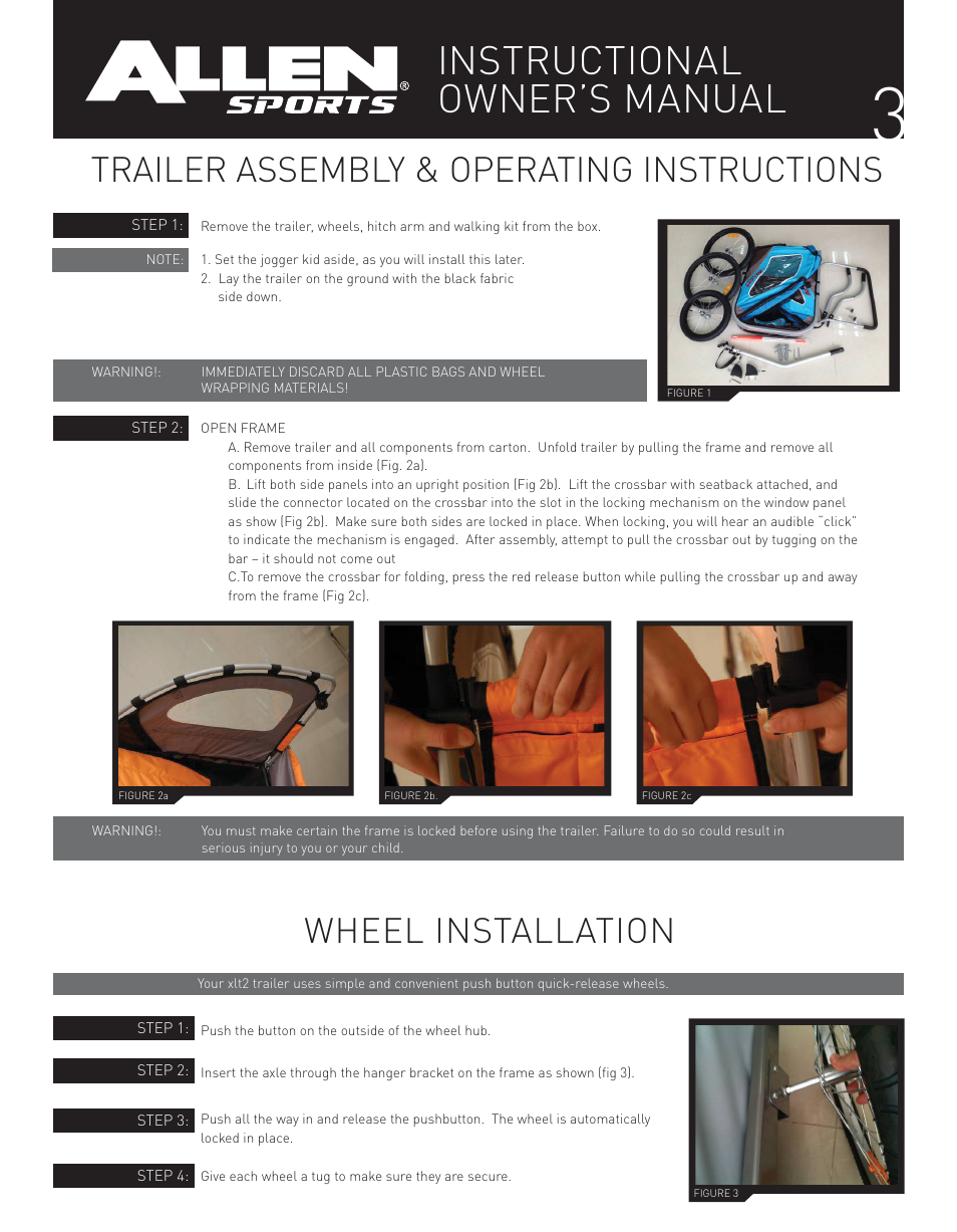 Instructional owner’s manual, Trailer assembly & operating instructions, Wheel installation | Allen Sports XLT2 User Manual | Page 3 / 14