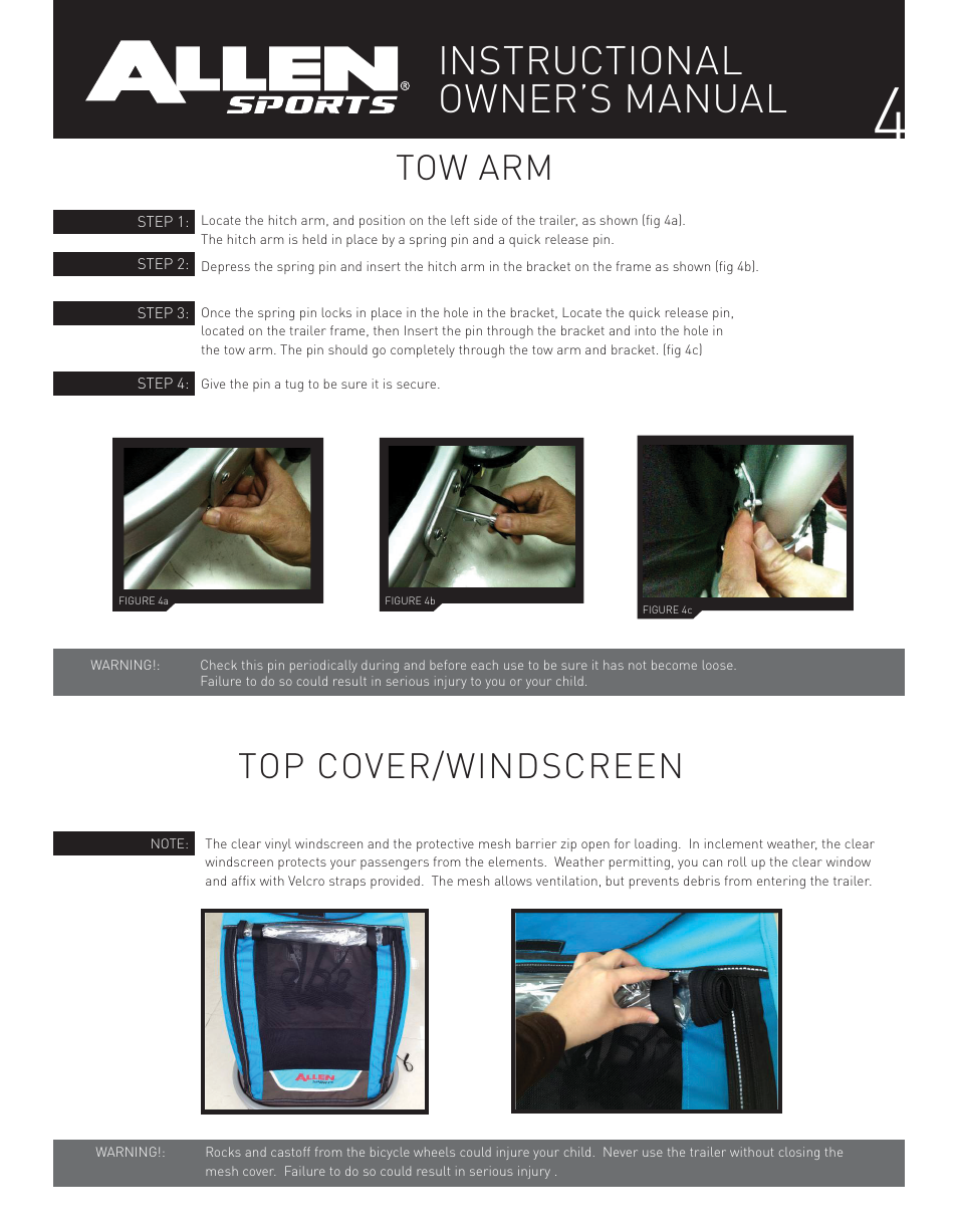 Instructional owner’s manual, Tow arm top cover/windscreen | Allen Sports XLT2 User Manual | Page 4 / 14