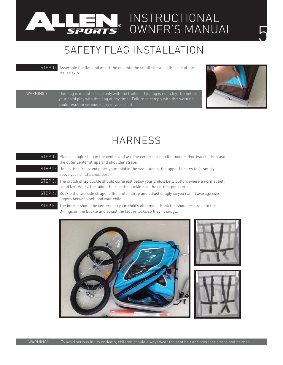 Instructional owner’s manual, Safety flag installation, Harness | Allen Sports XLT2 User Manual | Page 5 / 14