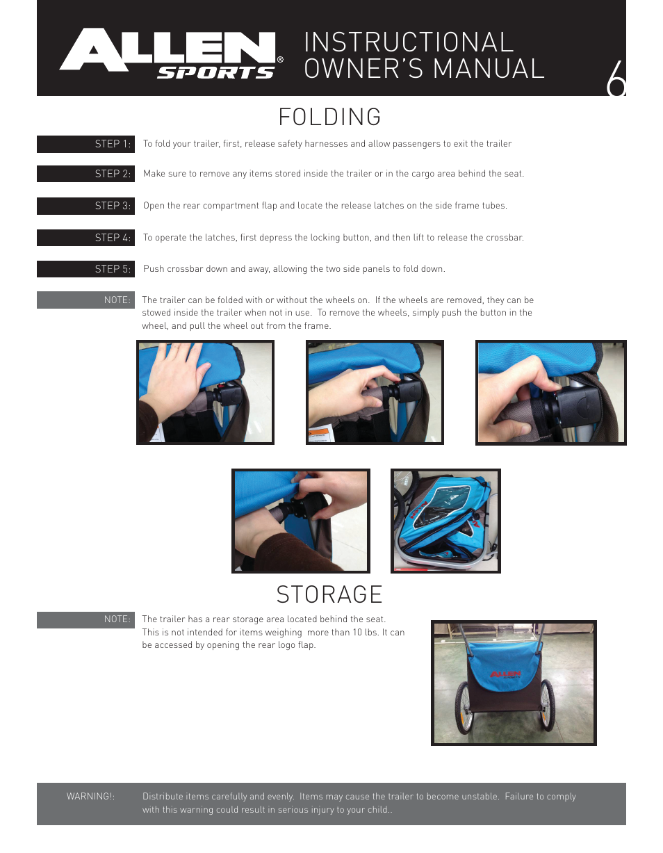 Instructional owner’s manual, Folding storage | Allen Sports XLT2 User Manual | Page 6 / 14