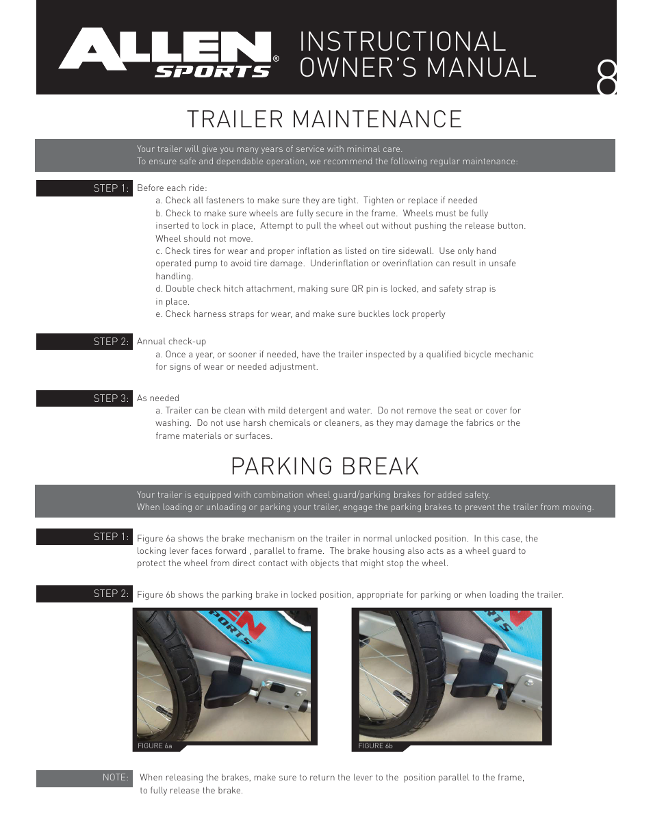 Instructional owner’s manual, Trailer maintenance parking break | Allen Sports XLT2 User Manual | Page 8 / 14