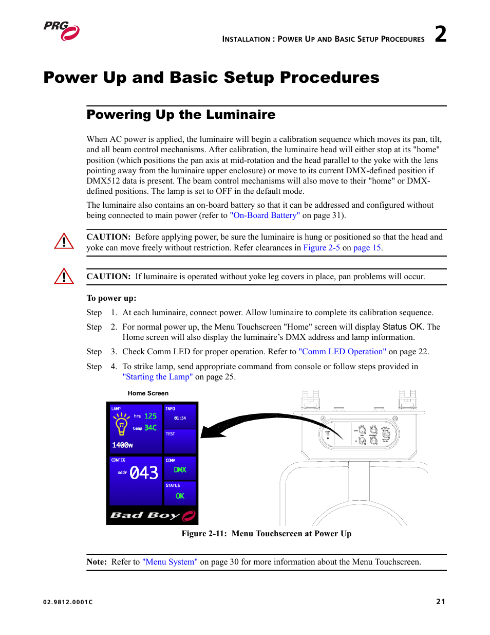 Power up and basic setup procedures, Powering up the luminaire | Bad Boy Mowers BAD BOY 02.9812.0001C User Manual | Page 31 / 102