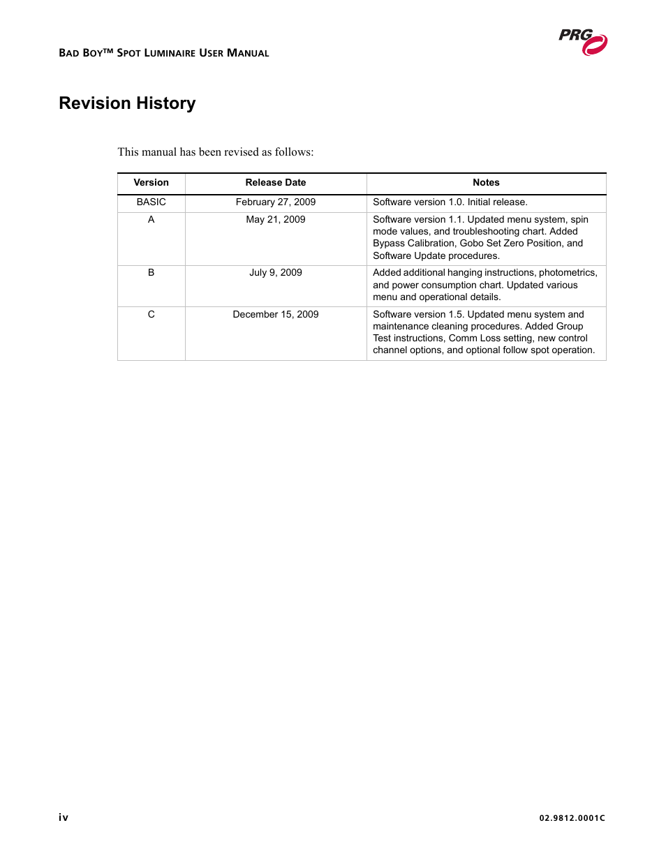 Revision history | Bad Boy Mowers BAD BOY 02.9812.0001C User Manual | Page 6 / 102