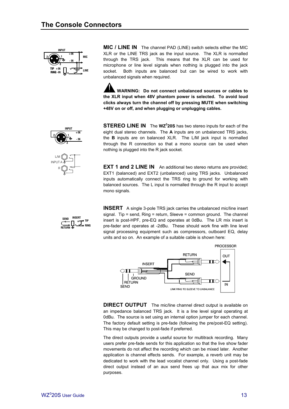 The console connectors, Mic / line in, Stereo line in | Ext 1 and 2 line in, Insert, Direct output | Allen&Heath MIXWIZARD3 20S User Manual | Page 13 / 32