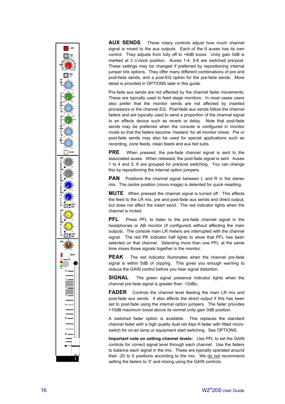 Aux sends, Mute, Peak | Signal, Fader, User guide | Allen&Heath MIXWIZARD3 20S User Manual | Page 16 / 32