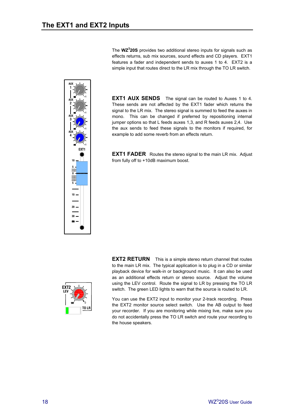 The ext1 and ext2 inputs, Ext1 aux sends, Ext1 fader | Ext2 return | Allen&Heath MIXWIZARD3 20S User Manual | Page 18 / 32