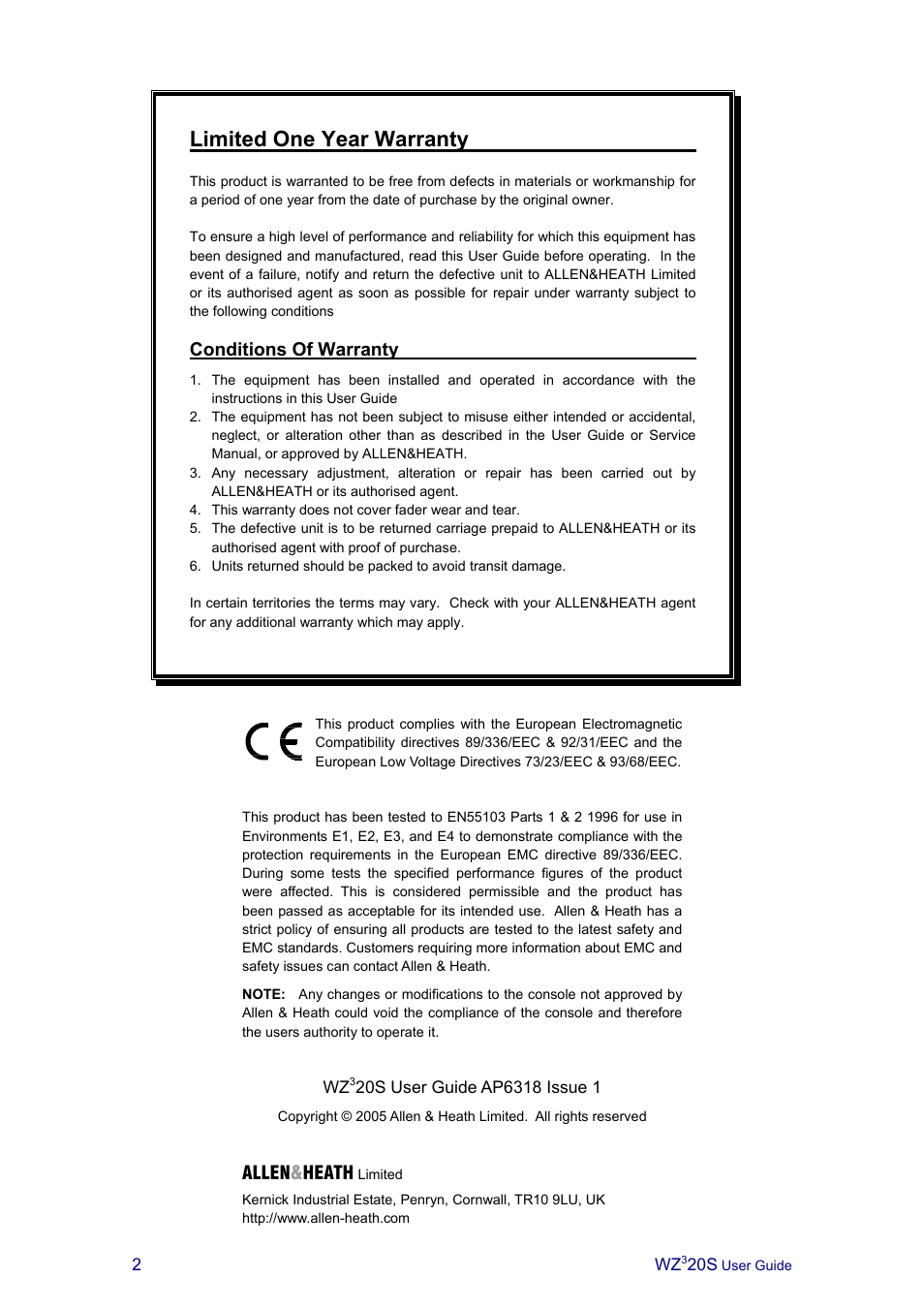 Limited one year warranty, Allen & heath, Conditions of warranty | Allen&Heath MIXWIZARD3 20S User Manual | Page 2 / 32