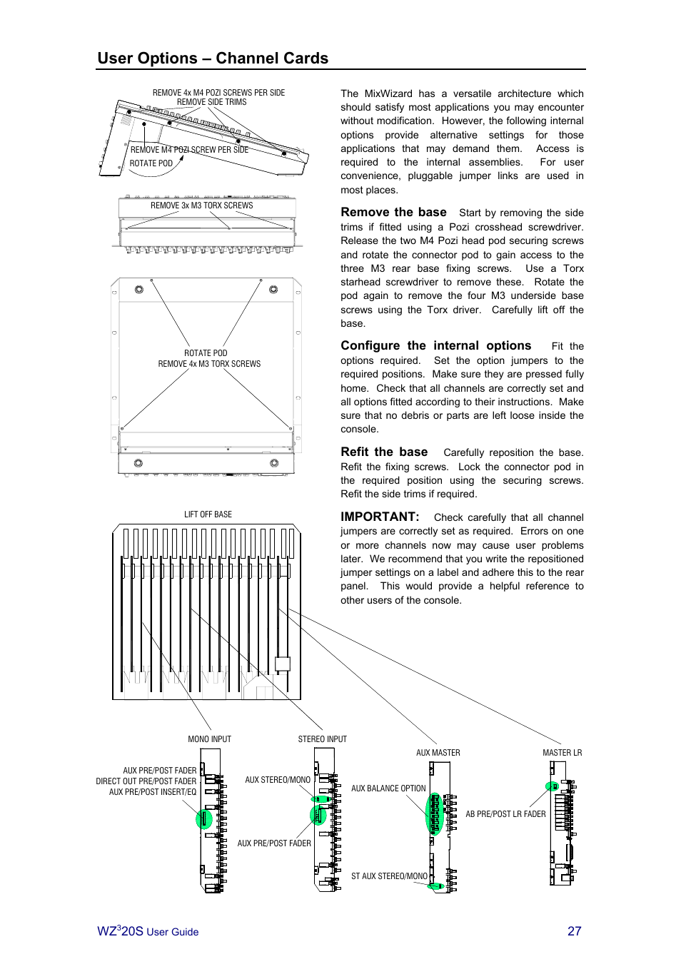 User options – channel cards, Remove the base, Configure the internal options | Refit the base, Important | Allen&Heath MIXWIZARD3 20S User Manual | Page 27 / 32