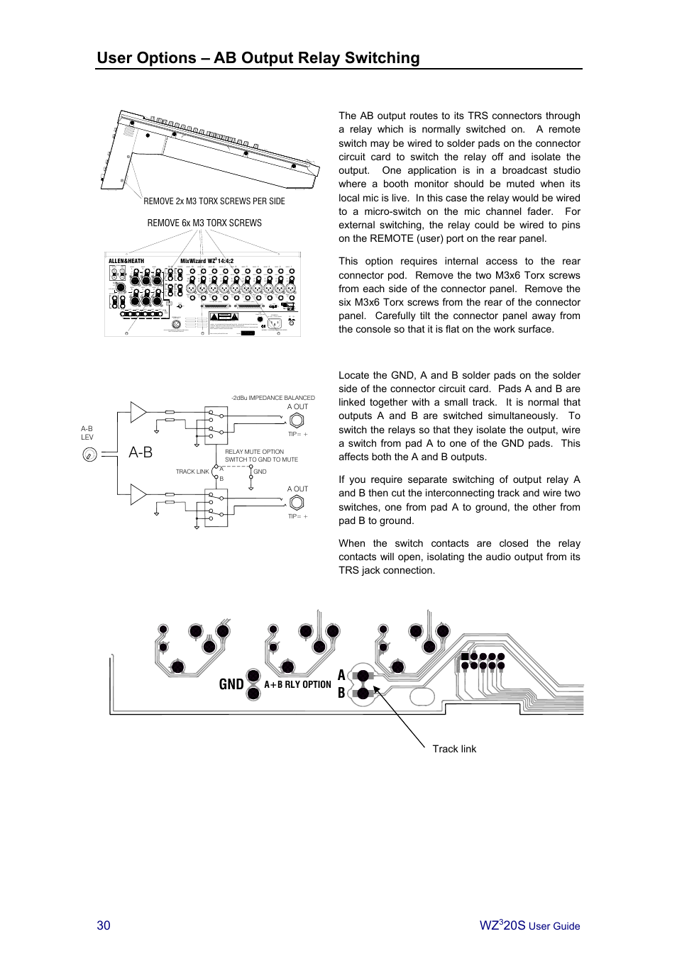 User options – ab output relay switching, Ba gnd | Allen&Heath MIXWIZARD3 20S User Manual | Page 30 / 32