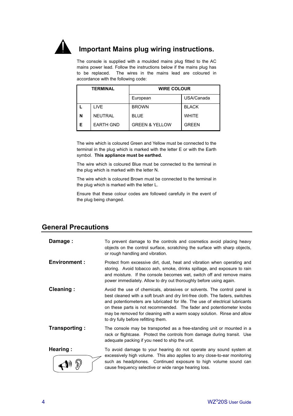 Important mains plug wiring instructions, General precautions | Allen&Heath MIXWIZARD3 20S User Manual | Page 4 / 32