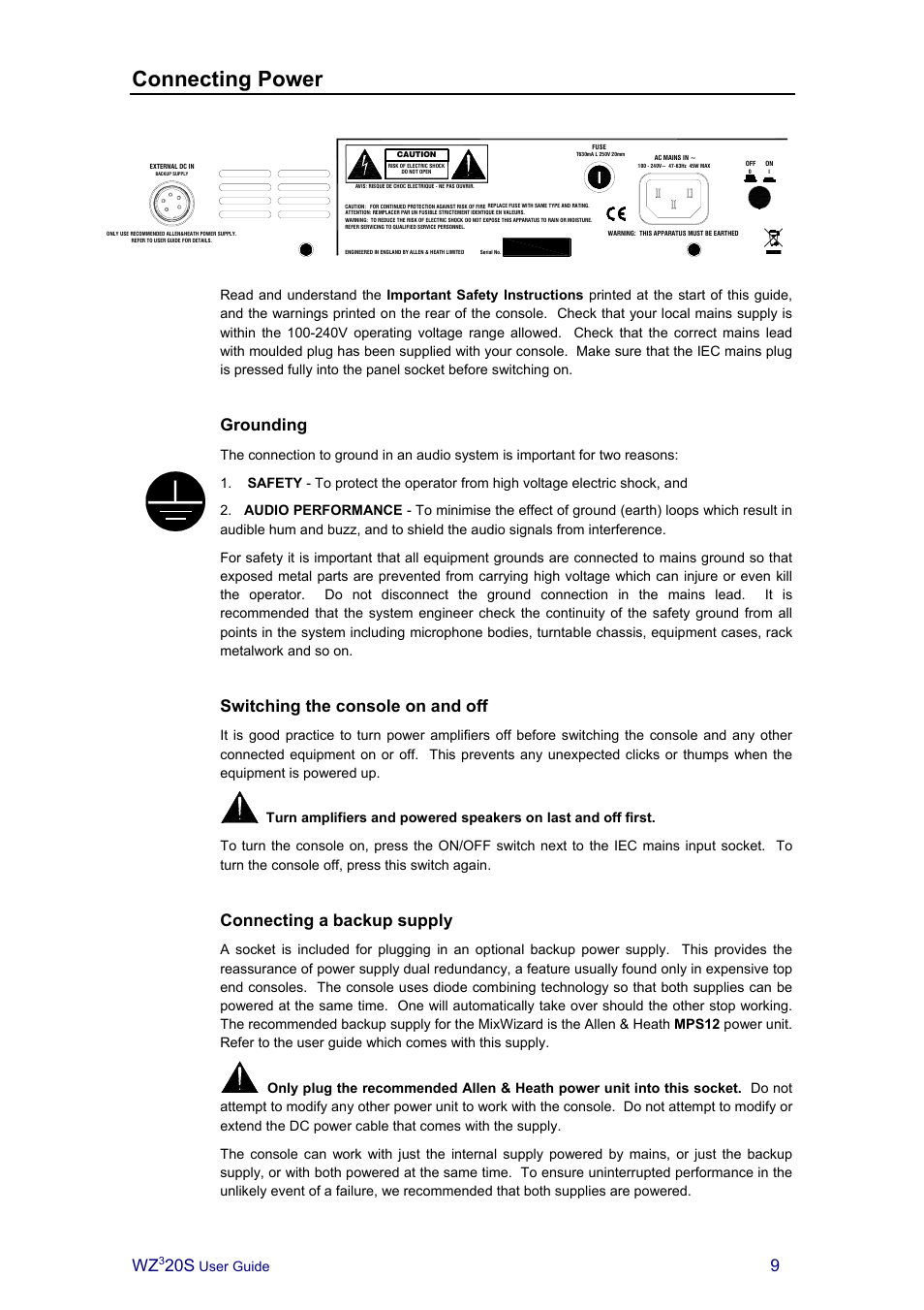 Connecting power, Grounding, Switching the console on and off | Connecting a backup supply | Allen&Heath MIXWIZARD3 20S User Manual | Page 9 / 32
