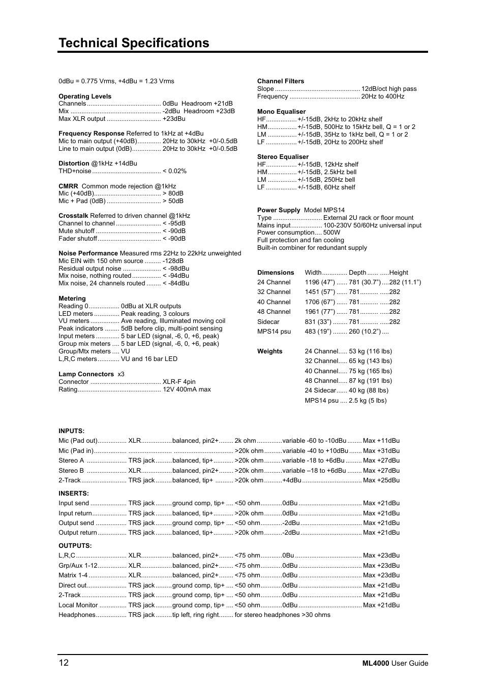 Technical specifications | Allen&Heath ML4000 USER GUIDE User Manual | Page 12 / 56