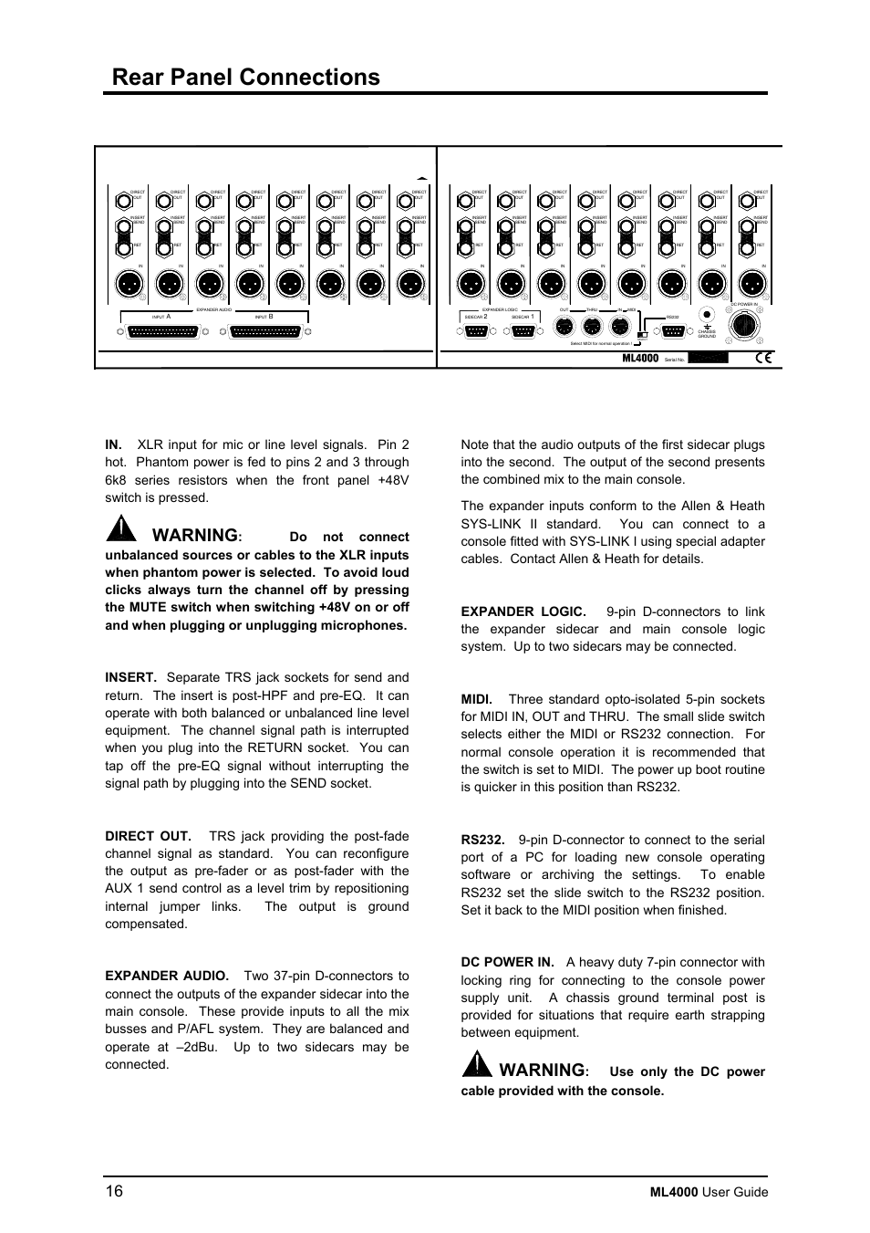 Rear panel connections, Warning, Ml4000 user guide | Allen&Heath ML4000 USER GUIDE User Manual | Page 16 / 56