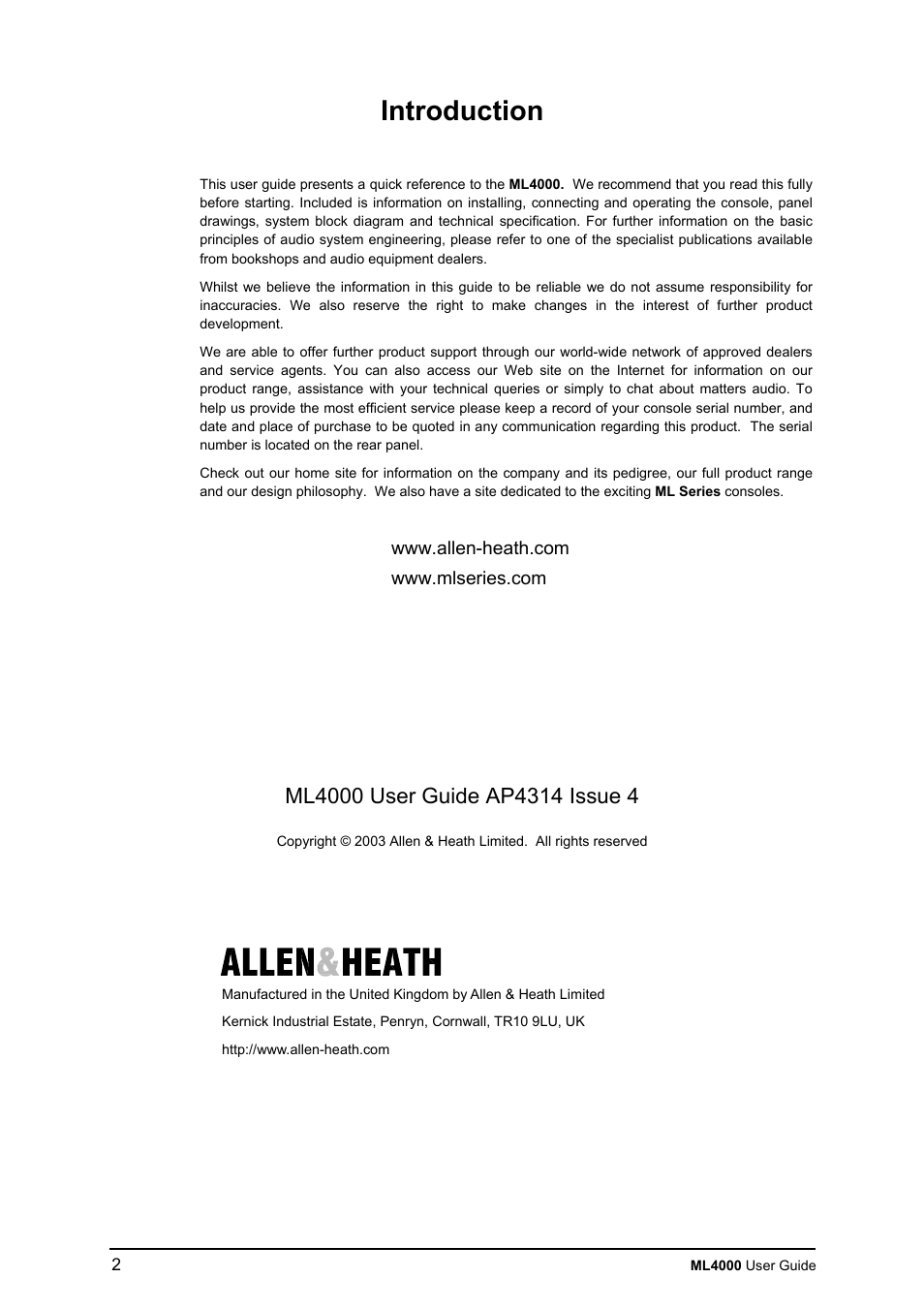 Introduction | Allen&Heath ML4000 USER GUIDE User Manual | Page 2 / 56