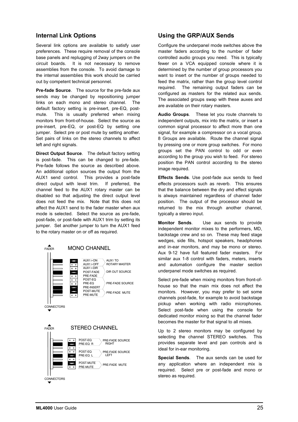 Internal link options, Using the grp/aux sends, Mono channel | Stereo channel | Allen&Heath ML4000 USER GUIDE User Manual | Page 25 / 56