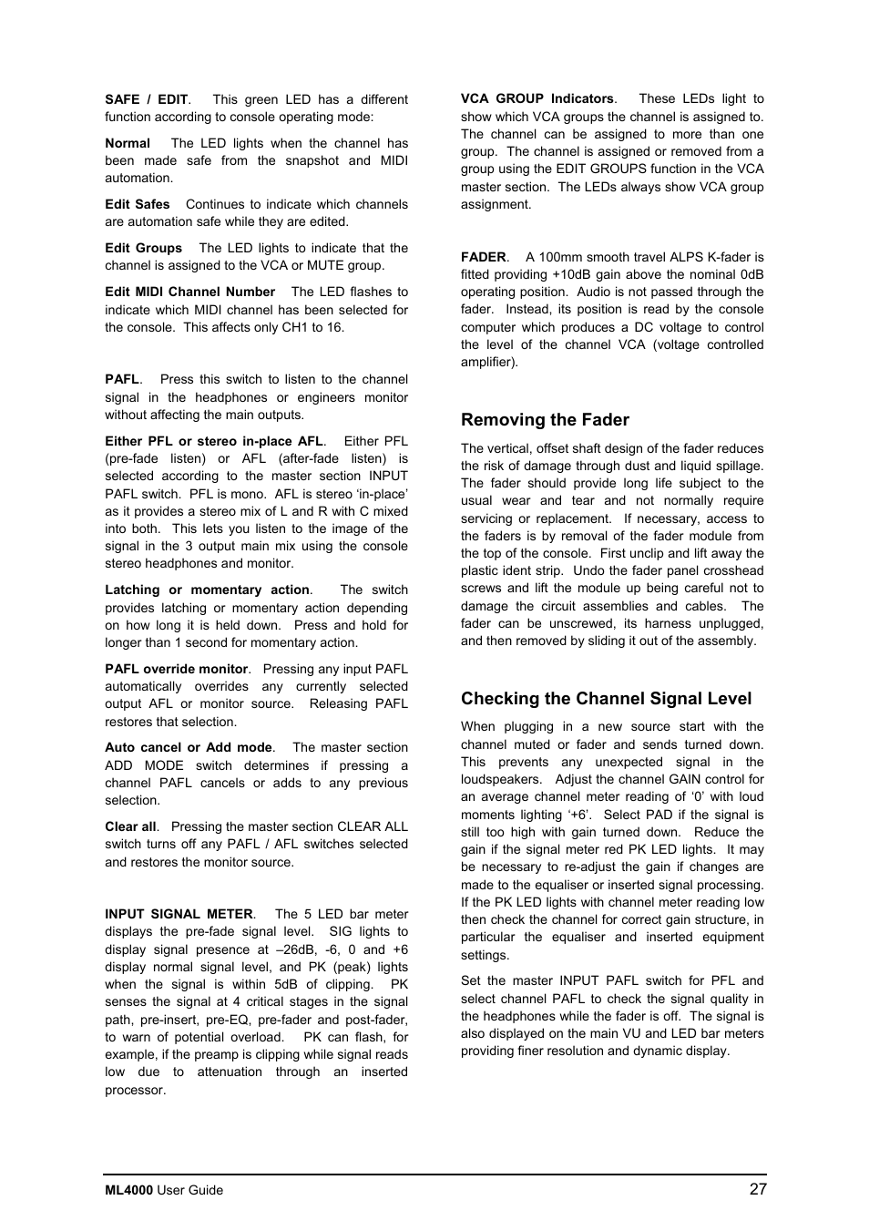 Removing the fader, Checking the channel signal level | Allen&Heath ML4000 USER GUIDE User Manual | Page 27 / 56