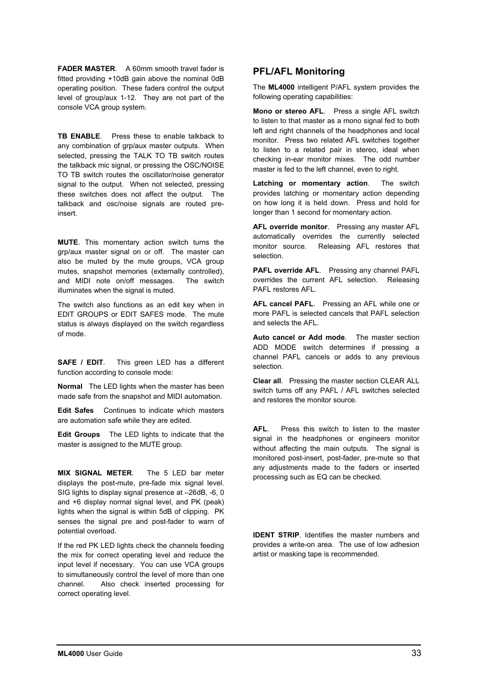 Pfl/afl monitoring | Allen&Heath ML4000 USER GUIDE User Manual | Page 33 / 56