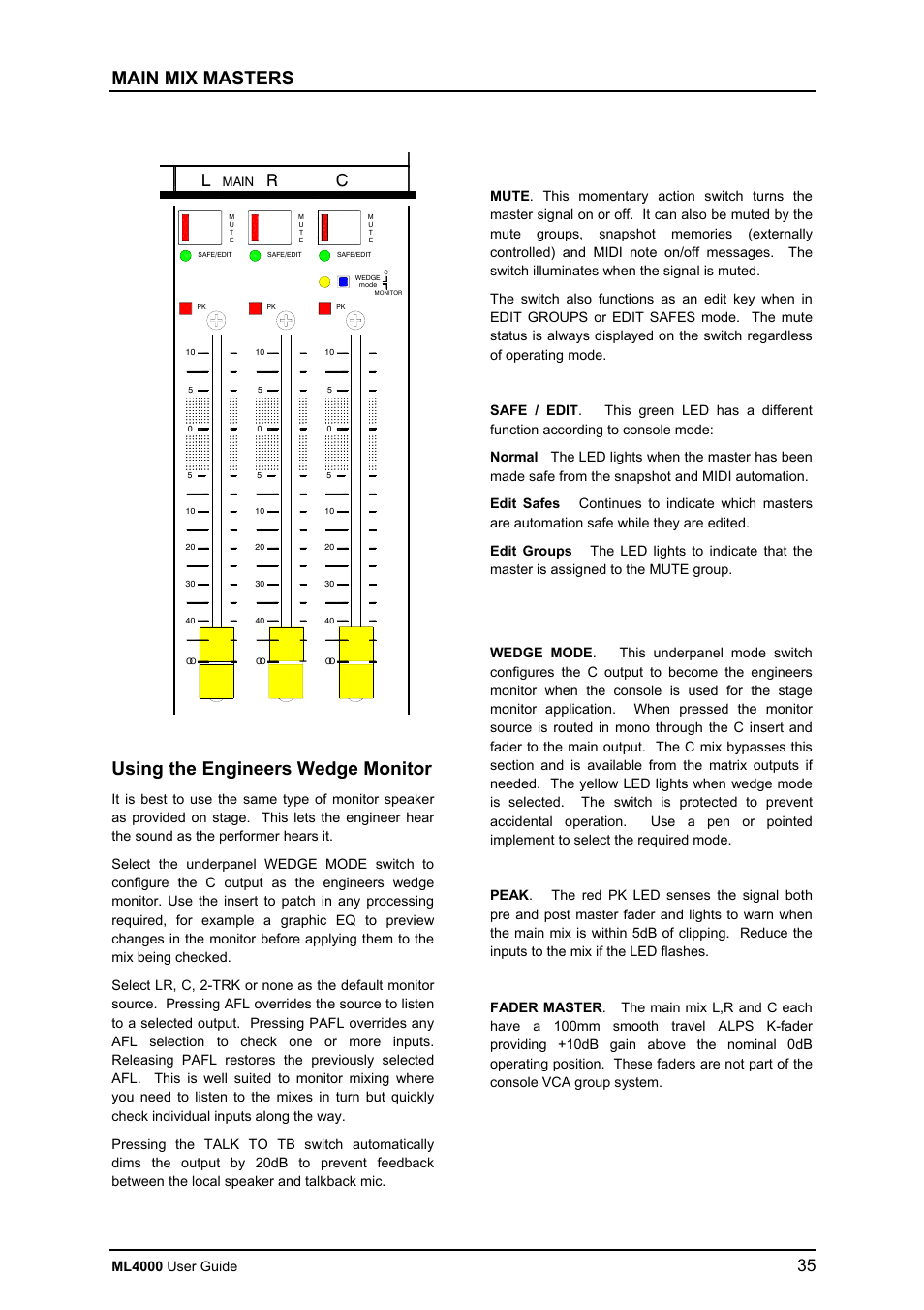 Main mix masters, Using the engineers wedge monitor | Allen&Heath ML4000 USER GUIDE User Manual | Page 35 / 56