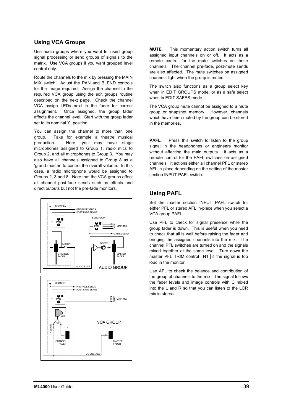 Using vca groups, Using pafl, Ml4000 user guide | Audio group, Vca group | Allen&Heath ML4000 USER GUIDE User Manual | Page 39 / 56