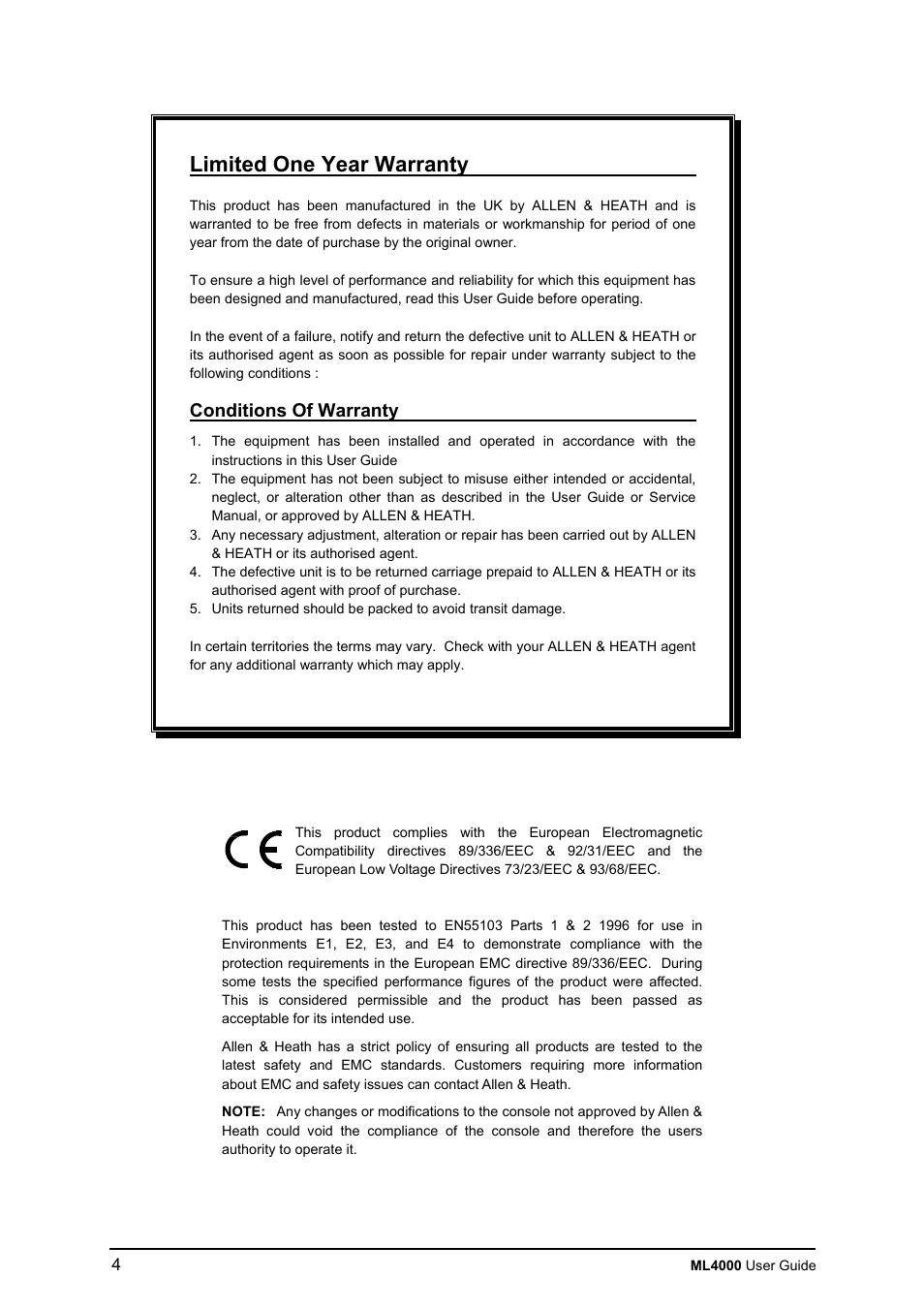 Limited one year warranty, Conditions of warranty | Allen&Heath ML4000 USER GUIDE User Manual | Page 4 / 56